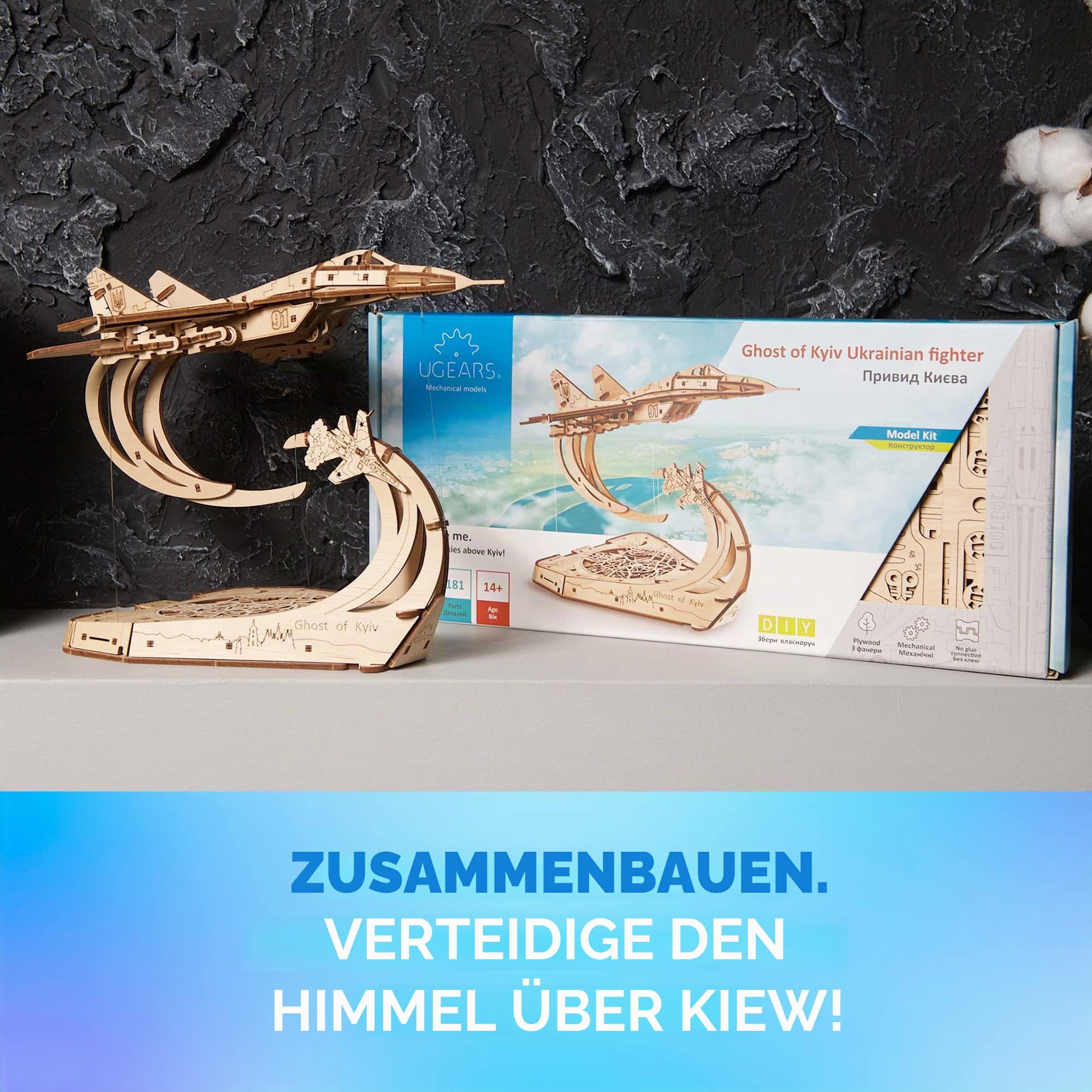 UGEARS Kampfflugzeug der Geist von Kyiv 3D Holzpuzzle Erwachsene – Flugzeug Magic Holz Modellbausatz Zum BAU von im Maßstab 1:72 Mig-29 - Mechanische 3D Puzzle für Erwachsene zum Zusammenbauen