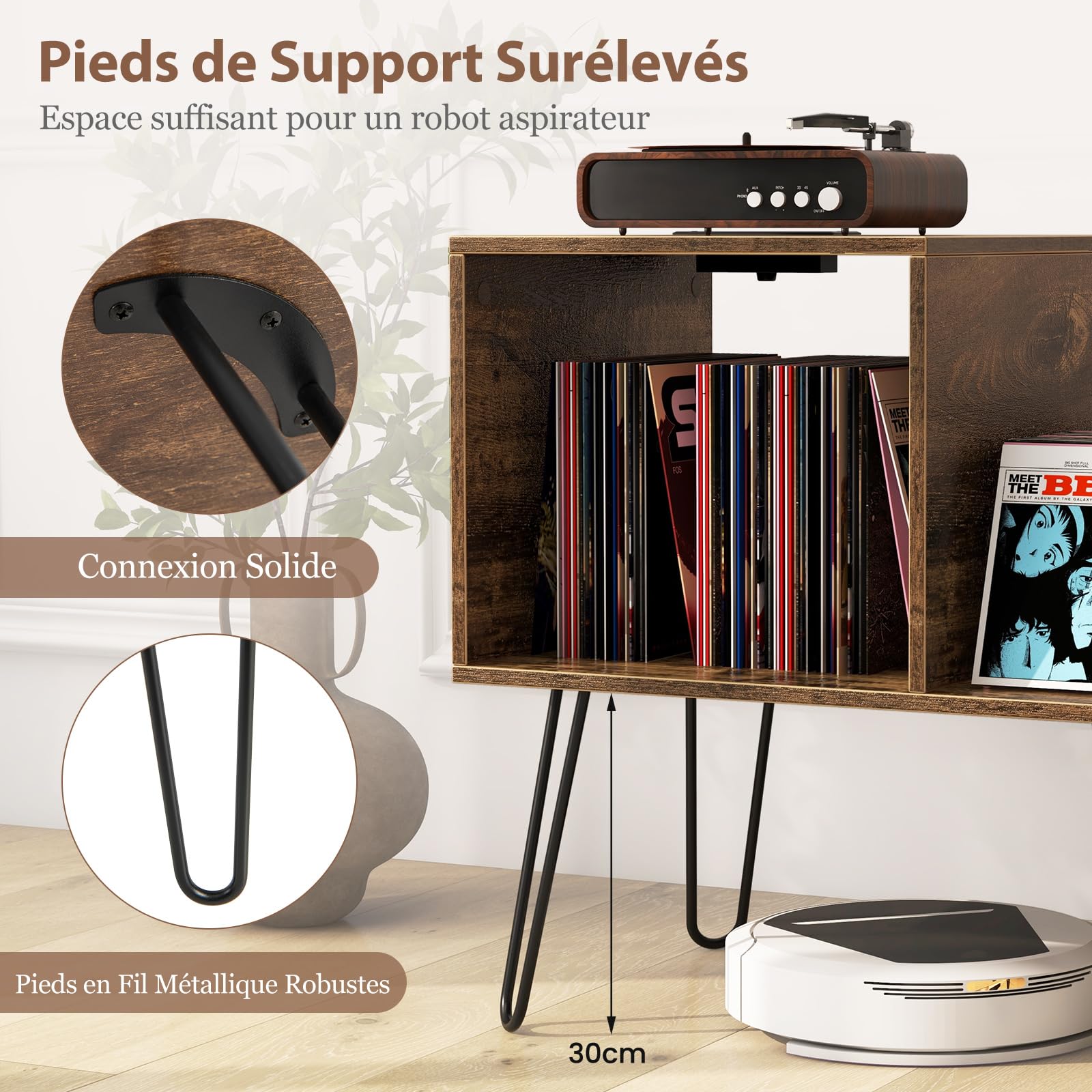 COSTWAY Meuble Tourne-Disque Vinyle avec Prise, Support Tourne-disque pour 145 Albums, Station de Charge, 2 Ports USB, 4 Pieds Amovibles, 3 Séparateurs, Étagère de Rangement sur Table (Brun rustique)