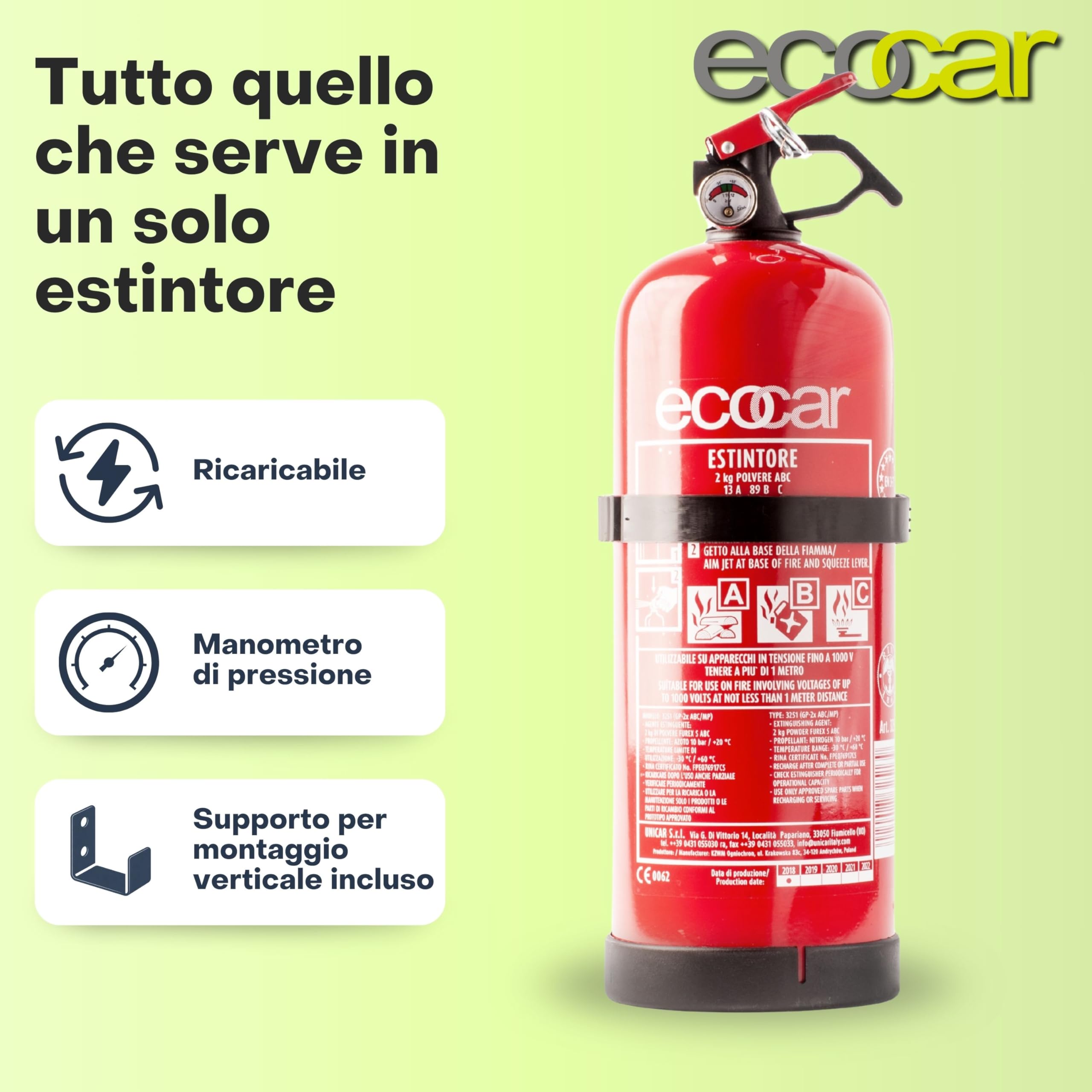 ecocar - Estintore 2kg in Polvere Omologato EN3 per Auto, Casa, B&B, Camper e Ufficio - con Manometro e Supporto Incluso