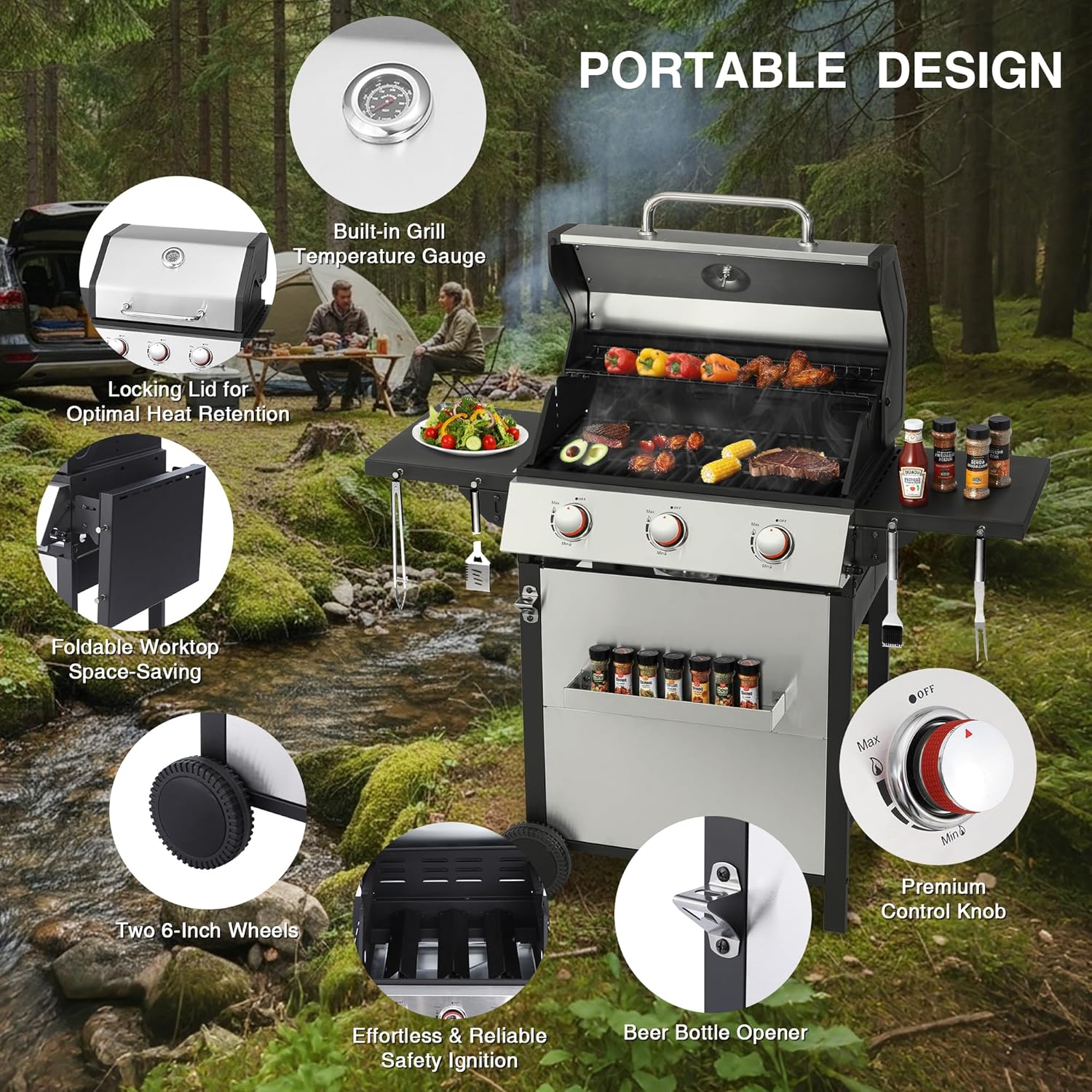 Propane Gas BBQ Grill, Upgraded 30,000 BTU Stainless Steel Barbecue Grill with Foldable Side Tables, Spice Rack & Wheels for Outdoor Cooking(3 Burner grill)