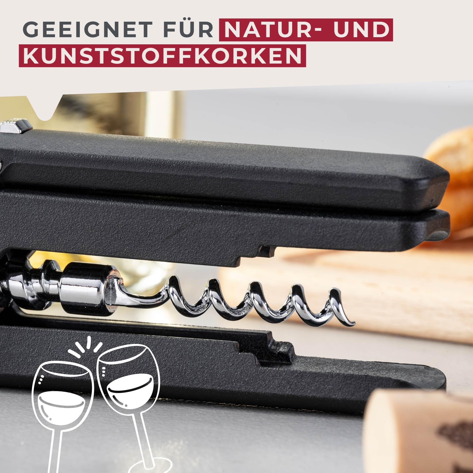 Fackelmann Korkenzieher, 193mm, Ergonomischer Griff, Innovativer Mechanismus, Geeignet für Natur- und Kunststoffkorken, Shadow Black