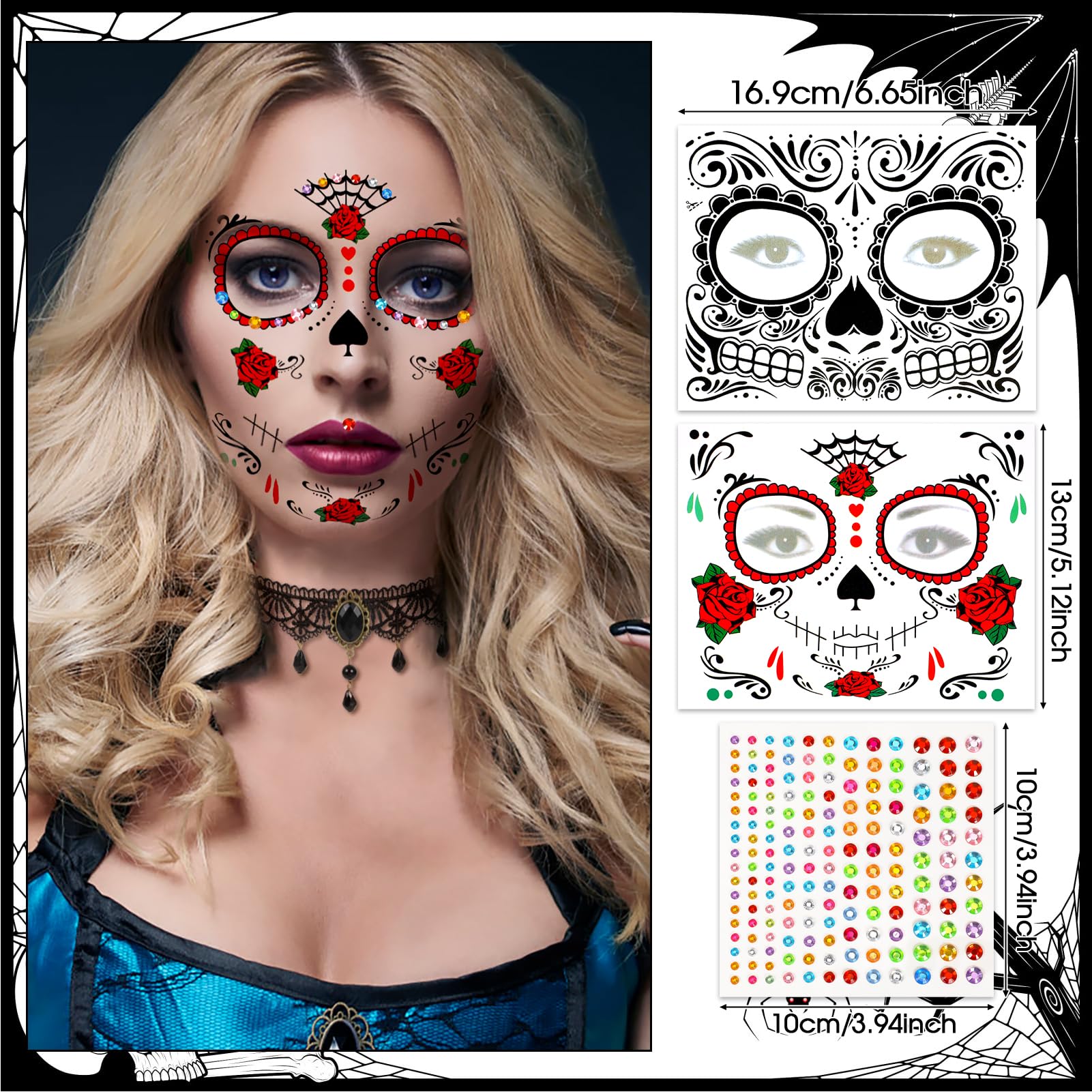 DPKOW Day of the Dead Headband Face Tattoo Gems Skeleton Tights Necklace Day of the Dead Costume Accessories Women - Image 3