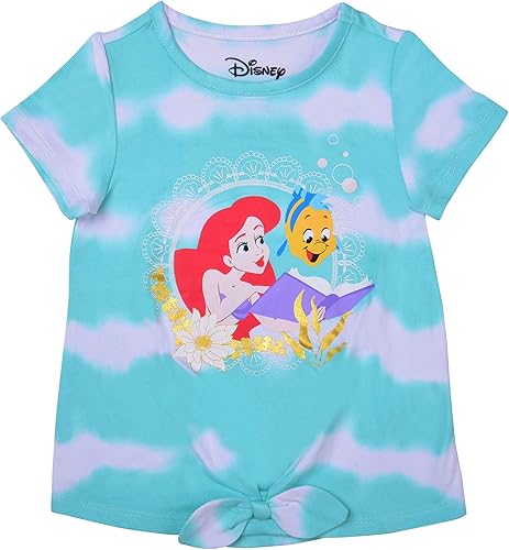 Disney Little Mermaid Ariel and Flounder - Camisa de manga corta para niñas pequeñas y pequeñas, color blanco y azul