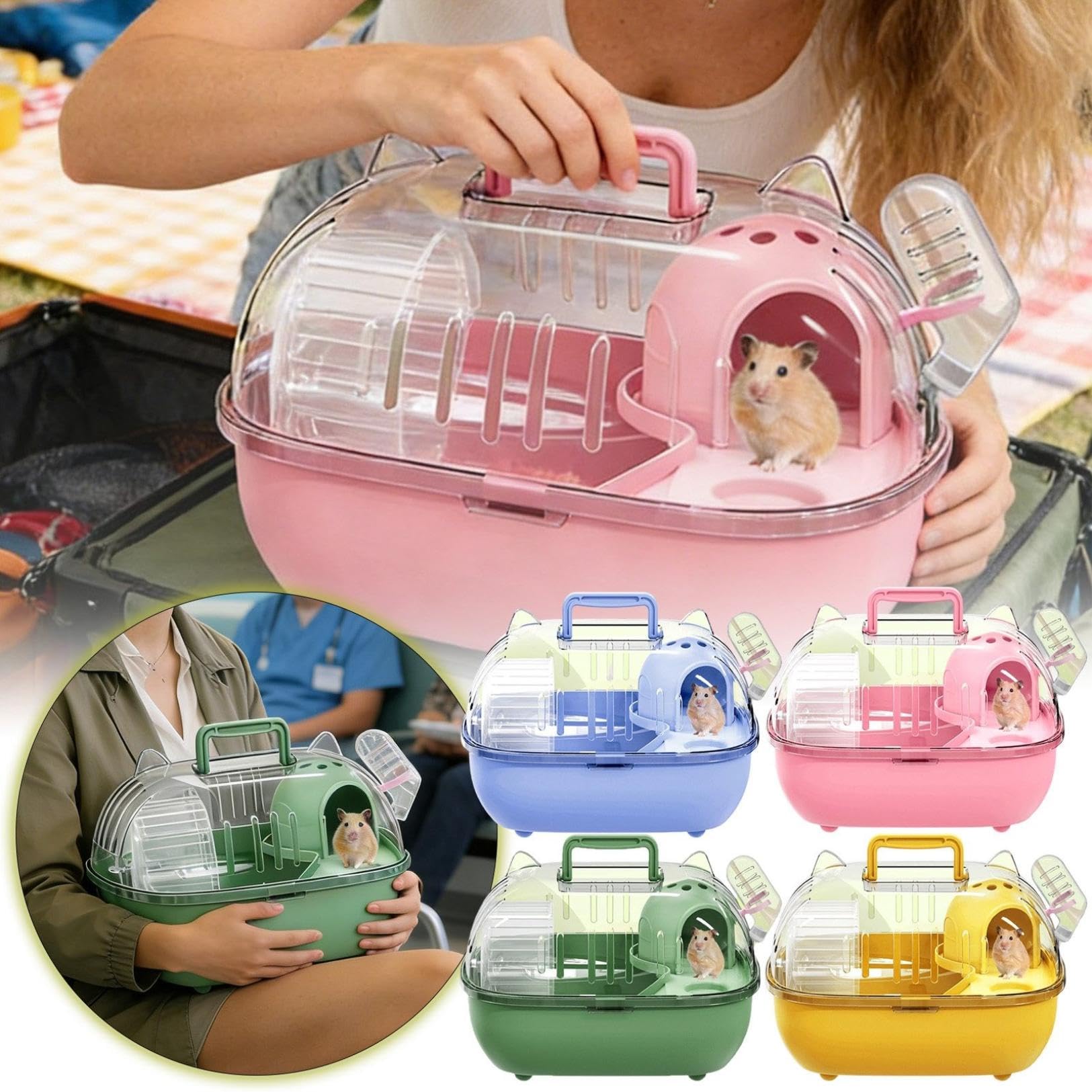 Cage de transport pour hamster, hamster avec housse transparente, cage de transport portable pour petits animaux avec bouteille d'eau, convient pour les lapins, lézards, voyages en voiture courts
