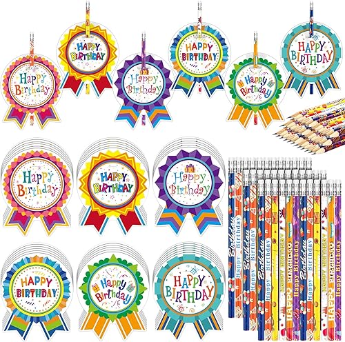 Panelee Juego de 72 lápices de feliz cumpleaños y tarjetas de felicitación, certificados de cumpleaños para estudiantes, aulas, lápices impresos de