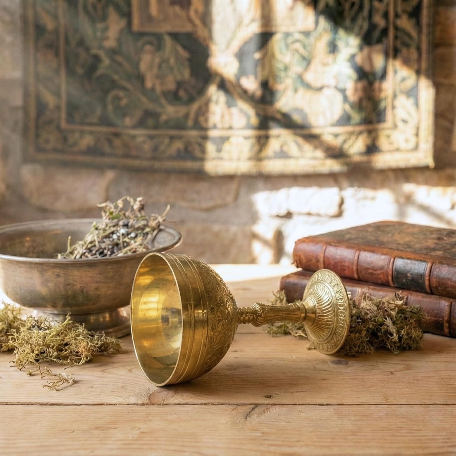 Brass Goblet Chalice 5.8 Inch Vintage Engraved Brass Wine Goblet with Stem, Handmade Decorative Medieval Style Chalice Cup for Home Décor, Table Display & Gifting