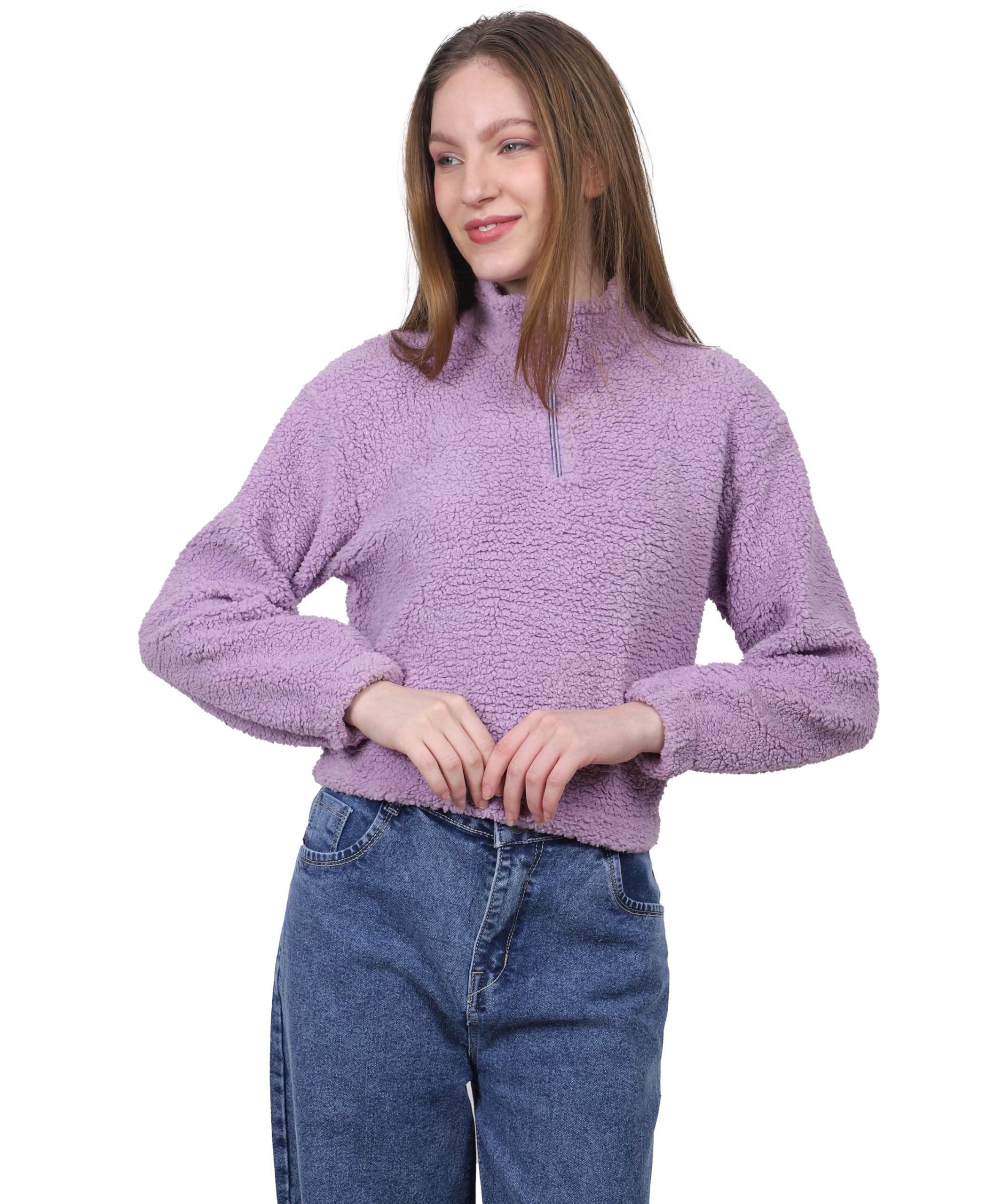 Beige Sherpa Women Crop Hoodie,Winter Wear-image-21