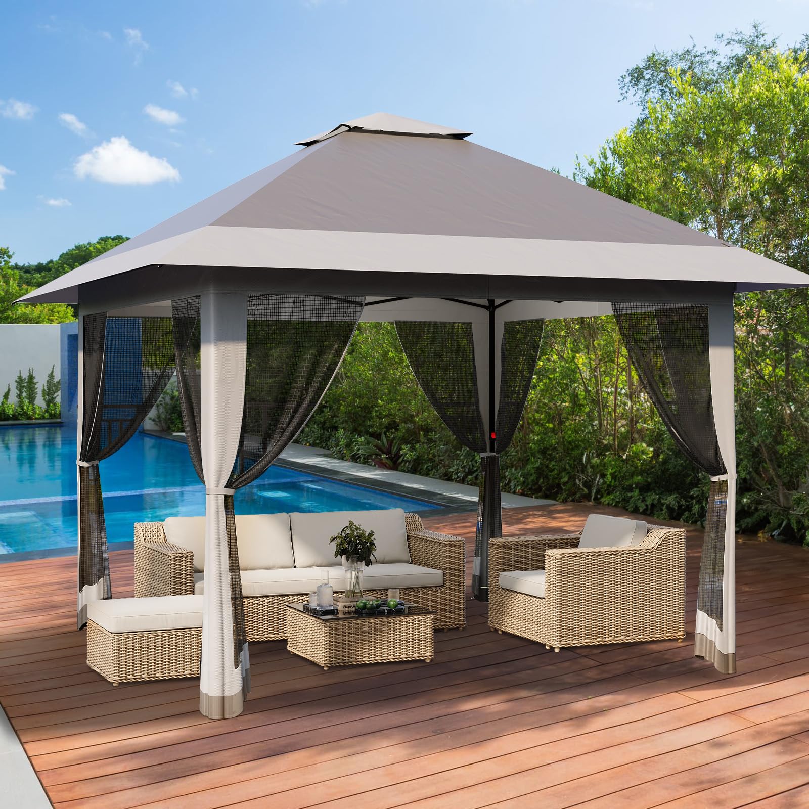 4 x 4 m Pop Up Gazebo, Waterproof Pop Up Tent with 4 Mosquito Net Side Panels, Heavy Duty Gazebo with Carry Bag, 360° Ventilation, Instant Event Shelter for Patio, Garden, Family Parties and Camping