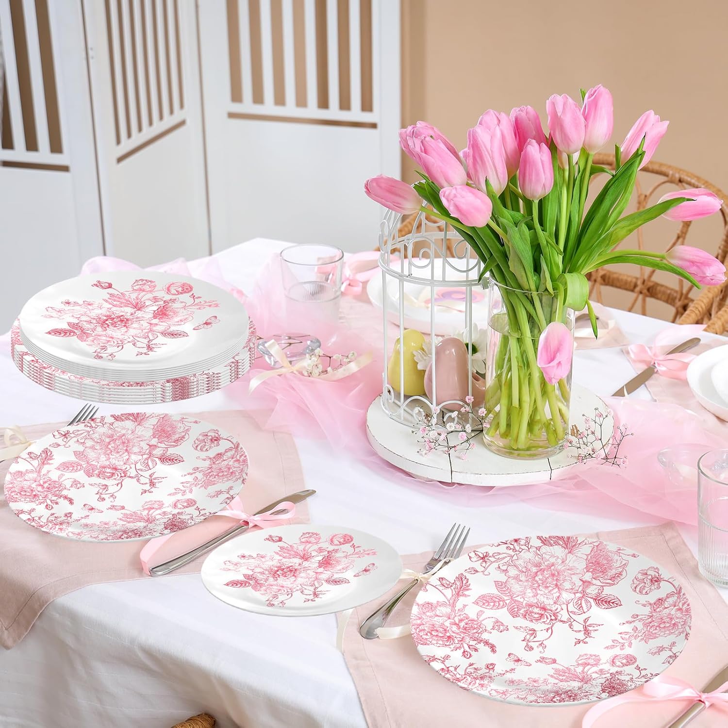 40Pcs Pink Floral Plastic Plates Vintage Flower Reusable Plate Chinoiserie Dinner Dessert Plates for Birthday Baby Shower Party Supplies Table Decor