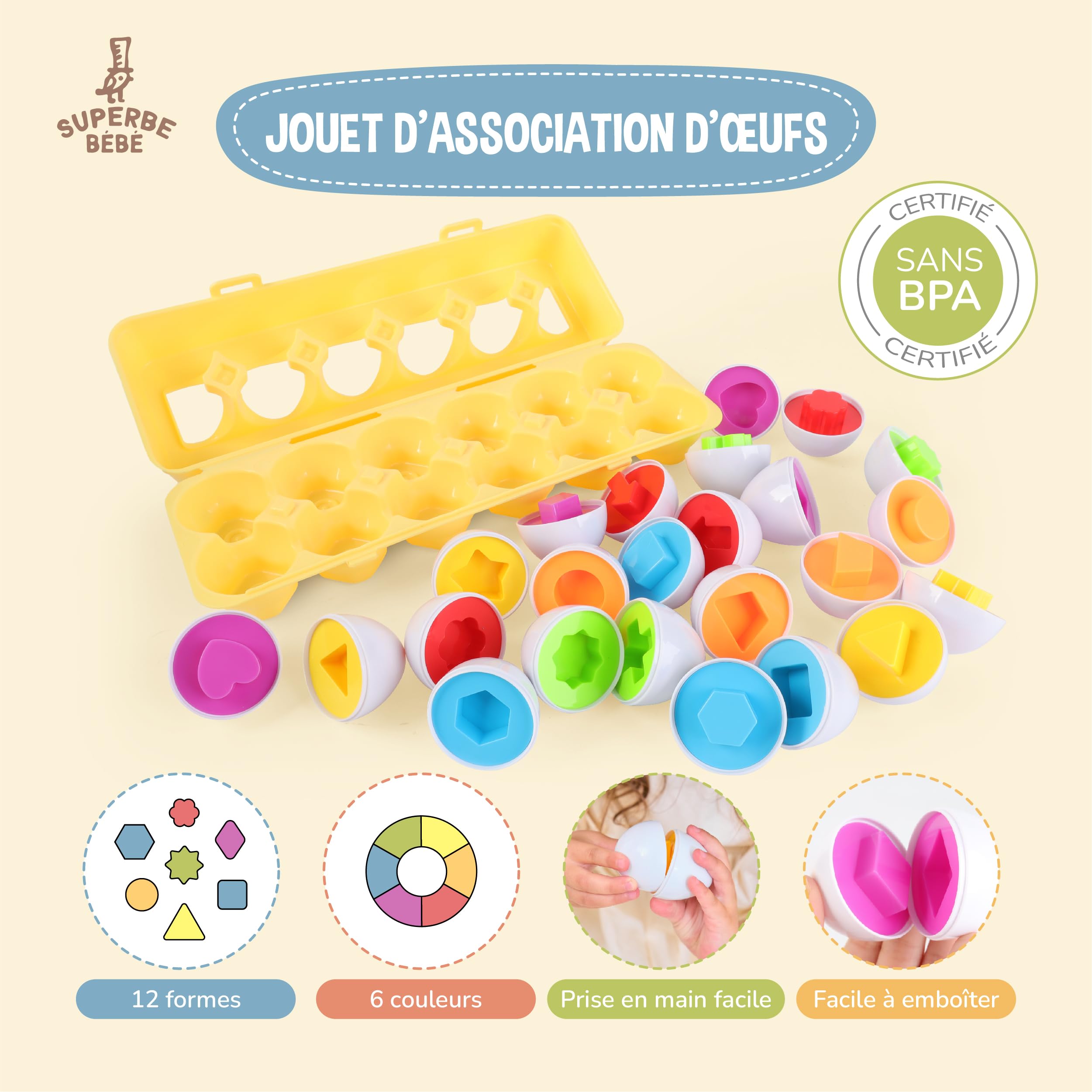Jeu Montessori Bébé Et Enfant - Œufs Assortis En Plastique À Apparier Selon Formes Et Couleurs - Jouet Montessori Éducatif - Jouet Oeuf Éducatif Enfants 3 Ans - Cadeau Naissance Bébé Fille Garçon
