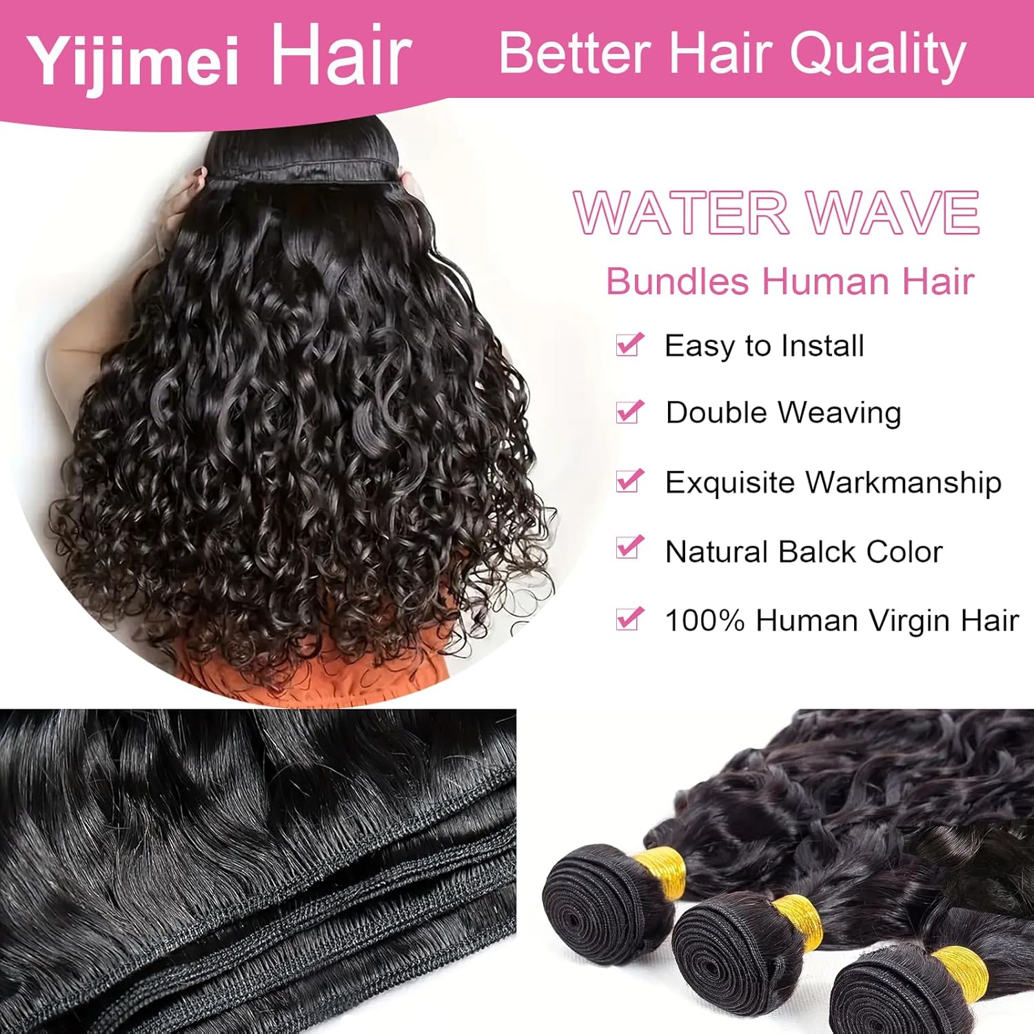 Water Wave Human Hair Bundles Wet and Wavy Human Braiding Hair (14 16 18 Inch 100g/Bundle 300g in Total) Human Hair Bundle 100% Unprocessed Brazilian Virgin Hair Natural Black