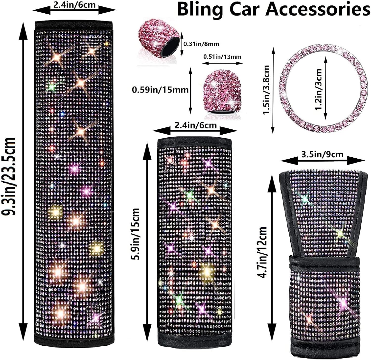 Boltigen Bling Car Accessories for Women Interior Set-6 Pack Diamond Car Accessories with 2 Bling Seat Belt Covers,Bling Gear Shift Cover, Handbrake Cover,Car Ring Sticker, 4 Valve Stem Caps (Pink)