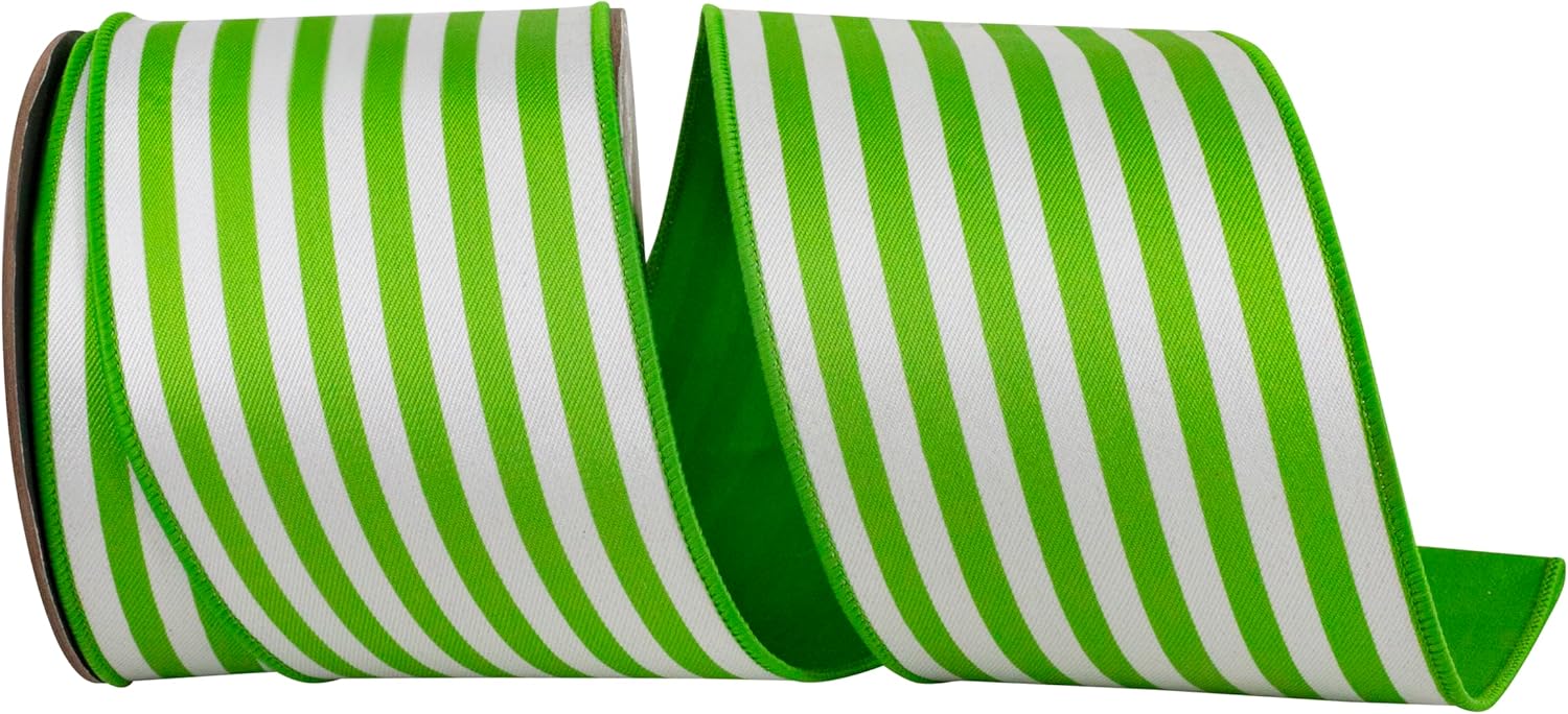 Reliant Ribbon Striped Twill Deluxe Dupioni Backed Wired Edge, Lime, 4 Inch, 10 Yards