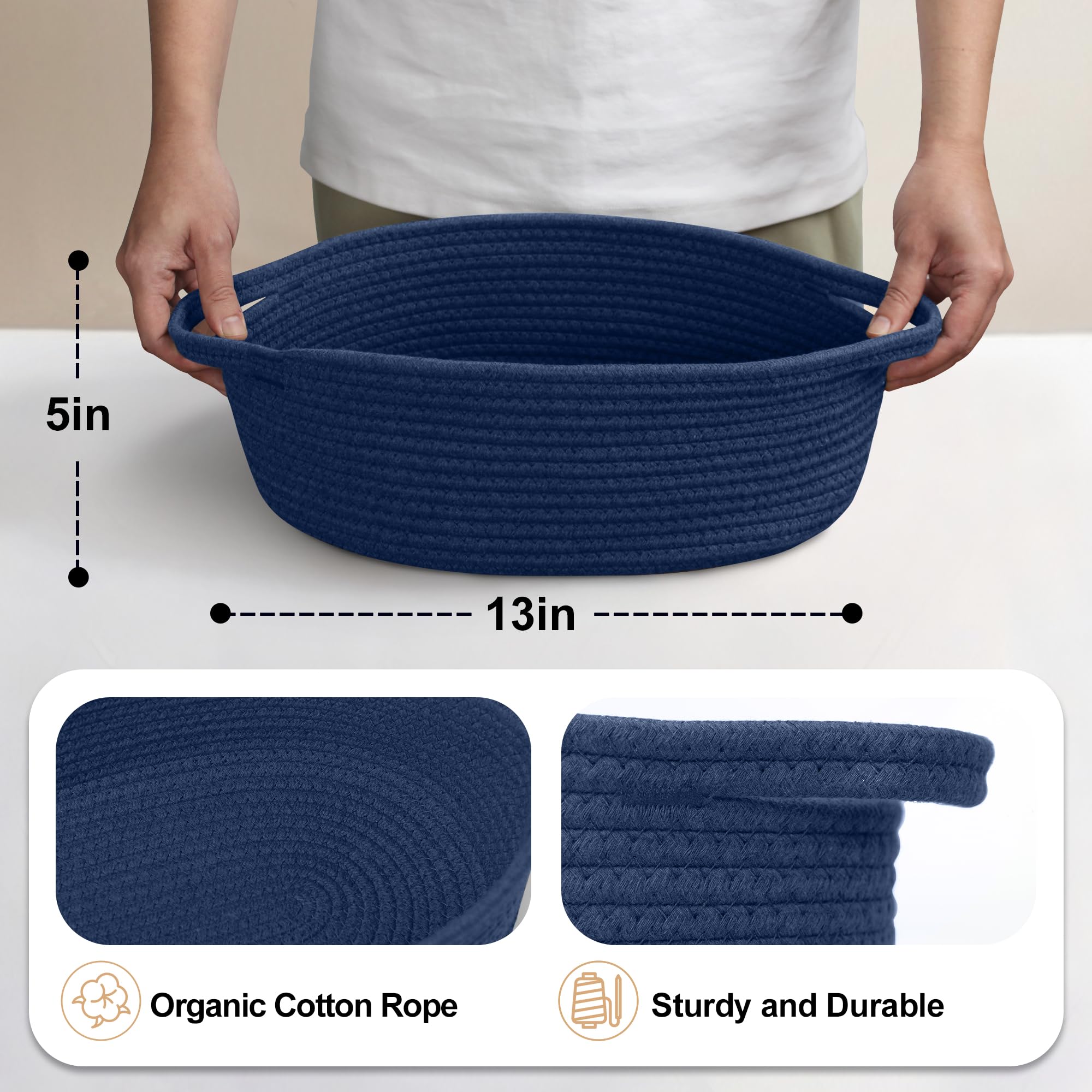 MEGASKET Dark Blue Small Woven Basket, 13” x 9” x 5” Baskets for Gifts Empty, Cotton Rope Gift Basket, Cute Nursery Baby Organizer, Cat Dog Toy Box, Oval Wicker Storage Bin with Handle