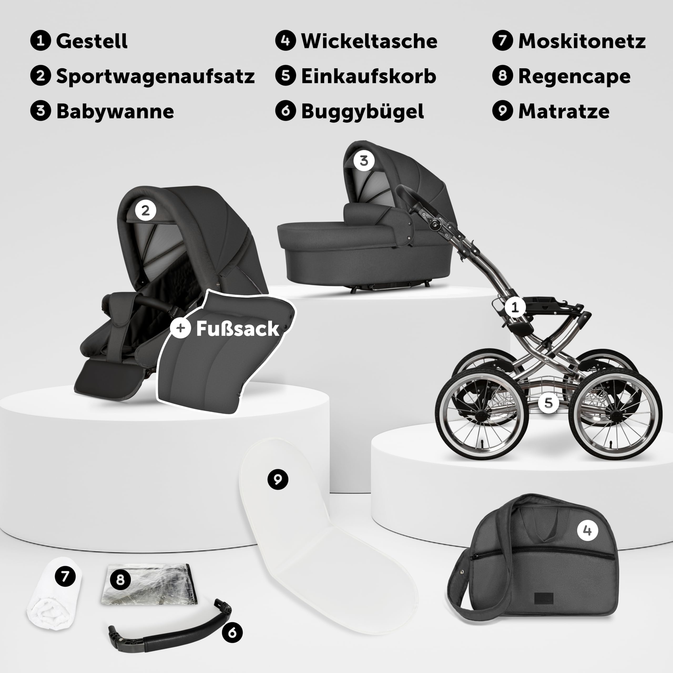 Bergsteiger Venedig Nostalgie Kombikinderwagen 2-in-1 Babywanne | Komfortabler Buggy ab Geburt bis 22 kg mit 14 Zoll Luftreifen Rahmenfederung verstellbarem Griff und Wickeltasche