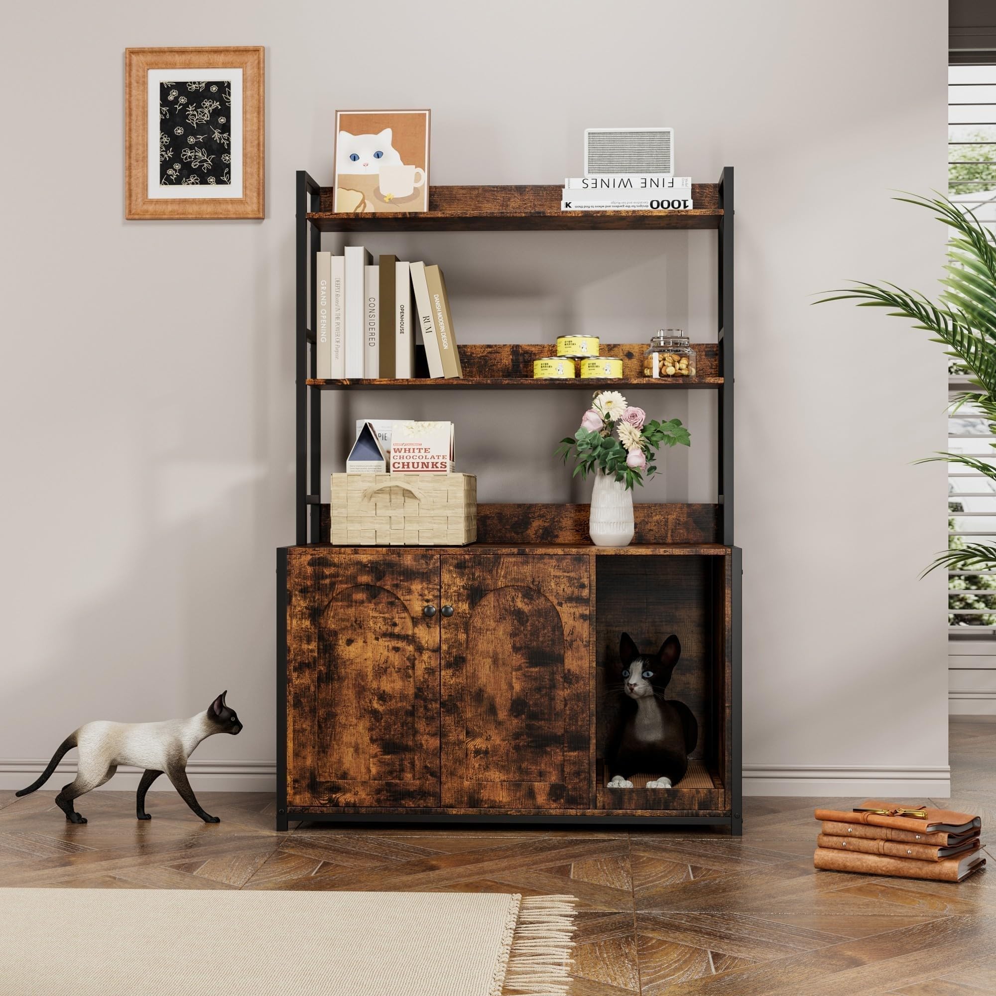 Katzenschrank, Vintage Katzenklo Schrank Versteckt, Mit Großem Regal Und Kratzbrett Für 2 Katzen, Stabiles Katzenhaus Für Wohnzimmer Schlafzimmer, Braun 132x45x90 cm