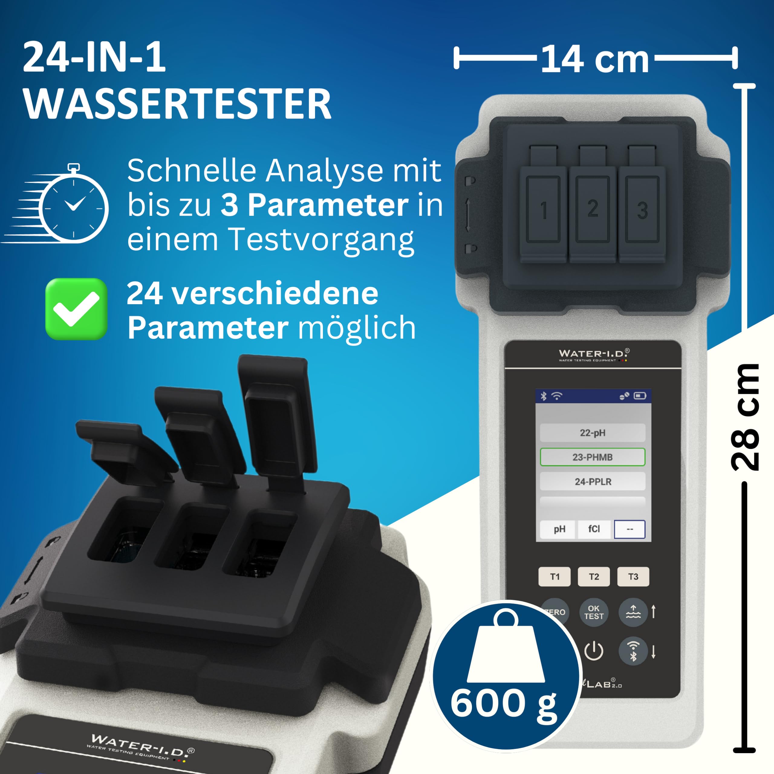 PoolLAB 2.0 Special Edition inkl. 140 Testtabletten - Wassertester für Pools (Photometer) Bluetooth WLAN Pooltester Messgerät Chlor pH-Wert Phenol Red Alkalinity M Cyanursäure