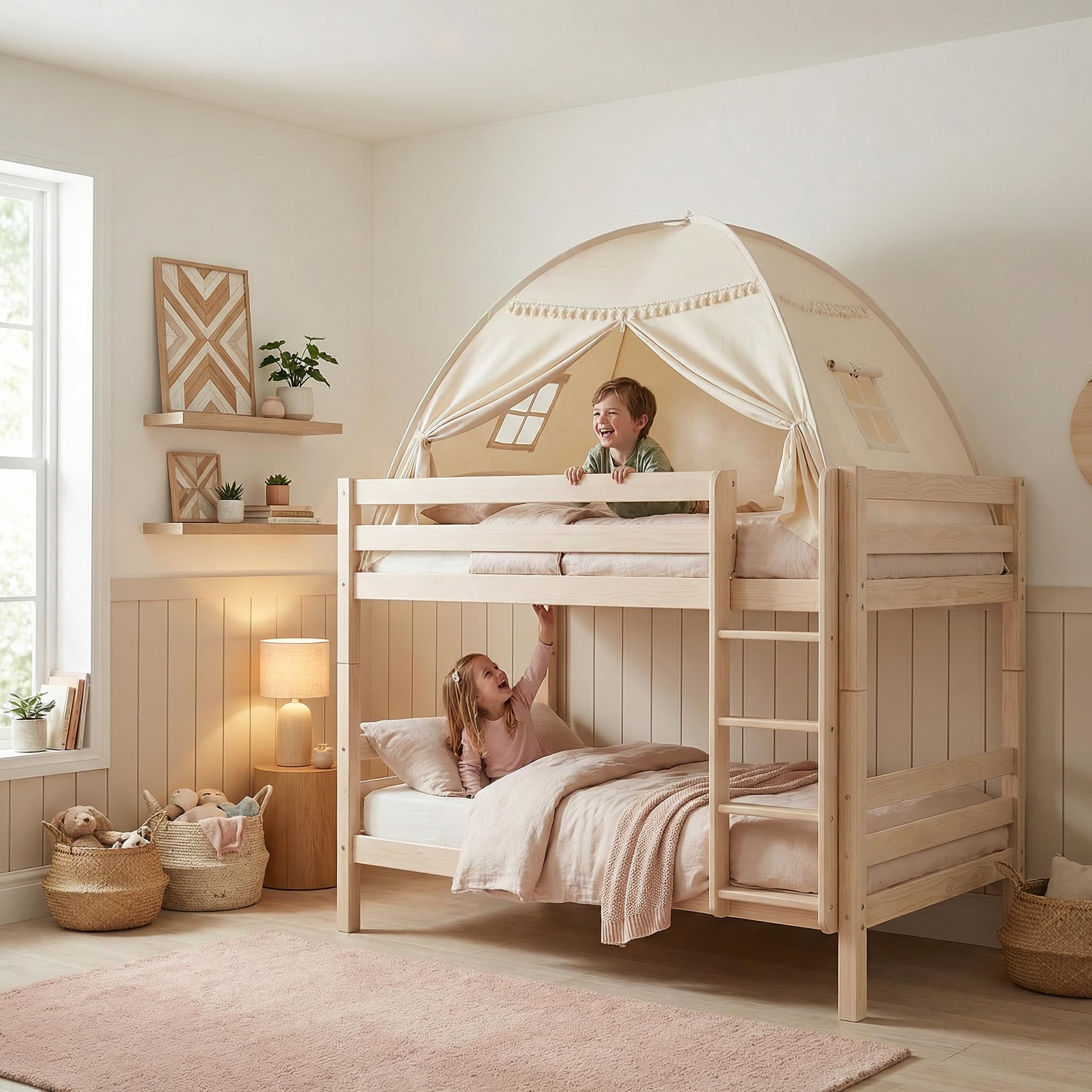 Tente de lit pour chambre d'enfant - Tente pour enfants : sol lit enfants caverne tente maison de jeu intérieure - portable et pliable lit double lit superposé rideaux - grande taille filles et