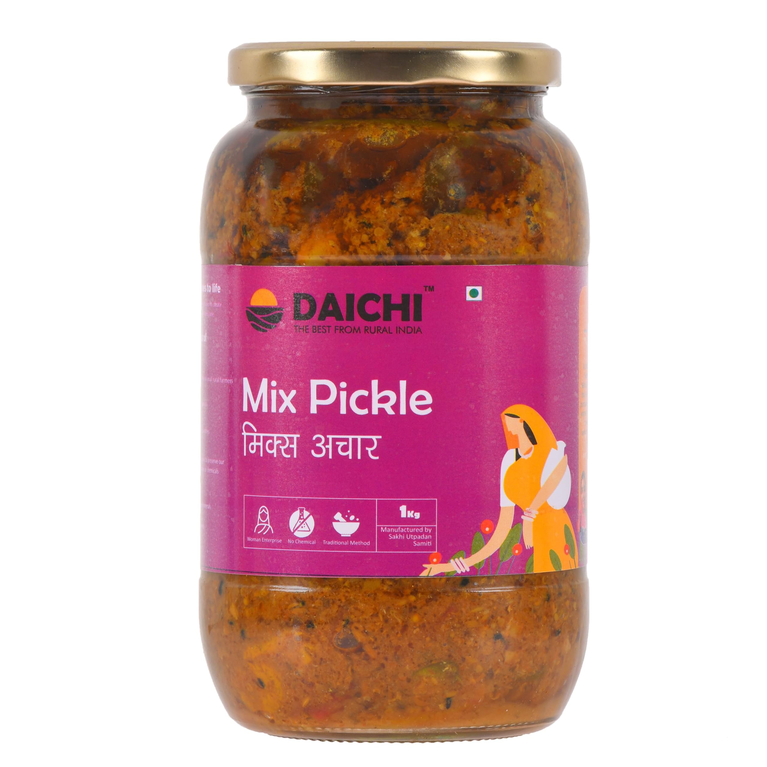 Daichi - Mixed Pickle | Crafted with love by women artisans | Sun cured | Cold-pressed mustard oil | In-house spices | No Preservatives 1kg (Pack of 1)
