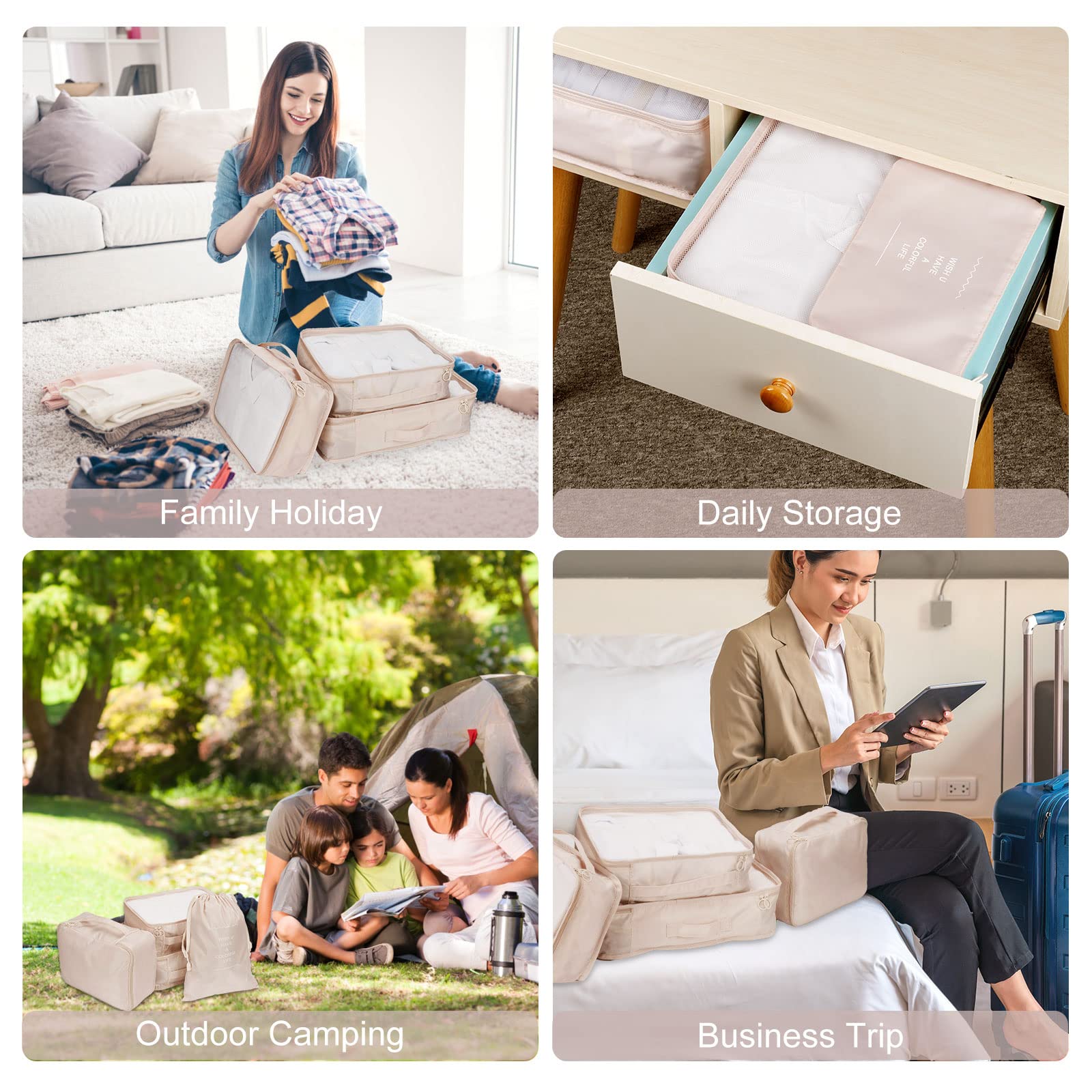 Organizer Valigie Set di 9, Cubo di Viaggio Cubi di Imballaggio, Cosmetici Abbigliamento Intimo Calzature Organizzatori Sacchi Valigia di Stoccaggio Set, Beige