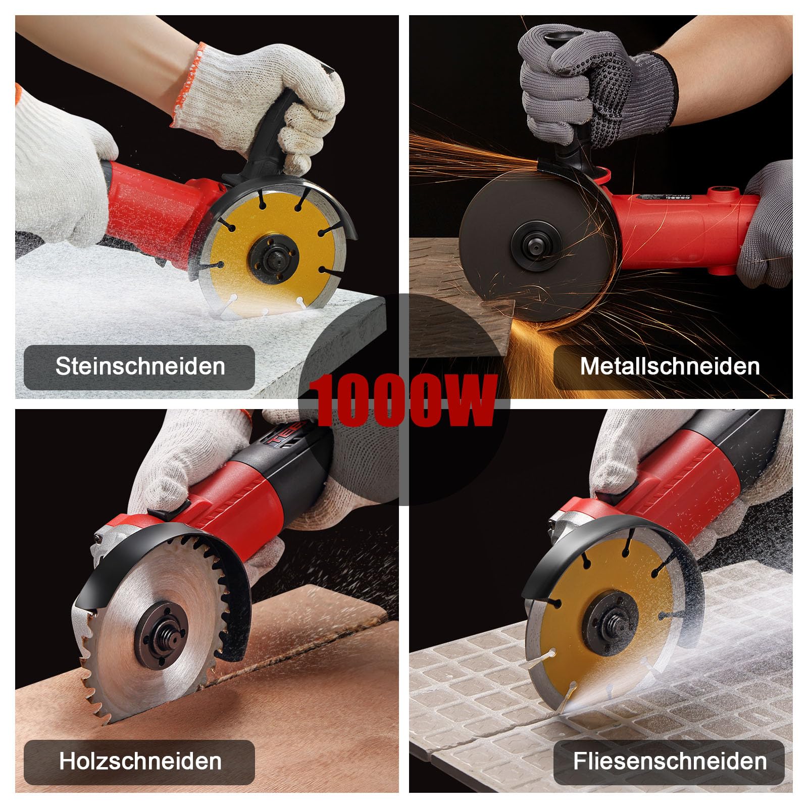 TEENO Winkelschleifer 1000W 2000-12000 U/min Mit 20 Zubehörteilen, Profi-Winkelschleifer Mit Werkzeugtasche,125mm Scheiben, Zum Trennen und Schleifen, Polieren, Metall, Holz, Keramik, Stein