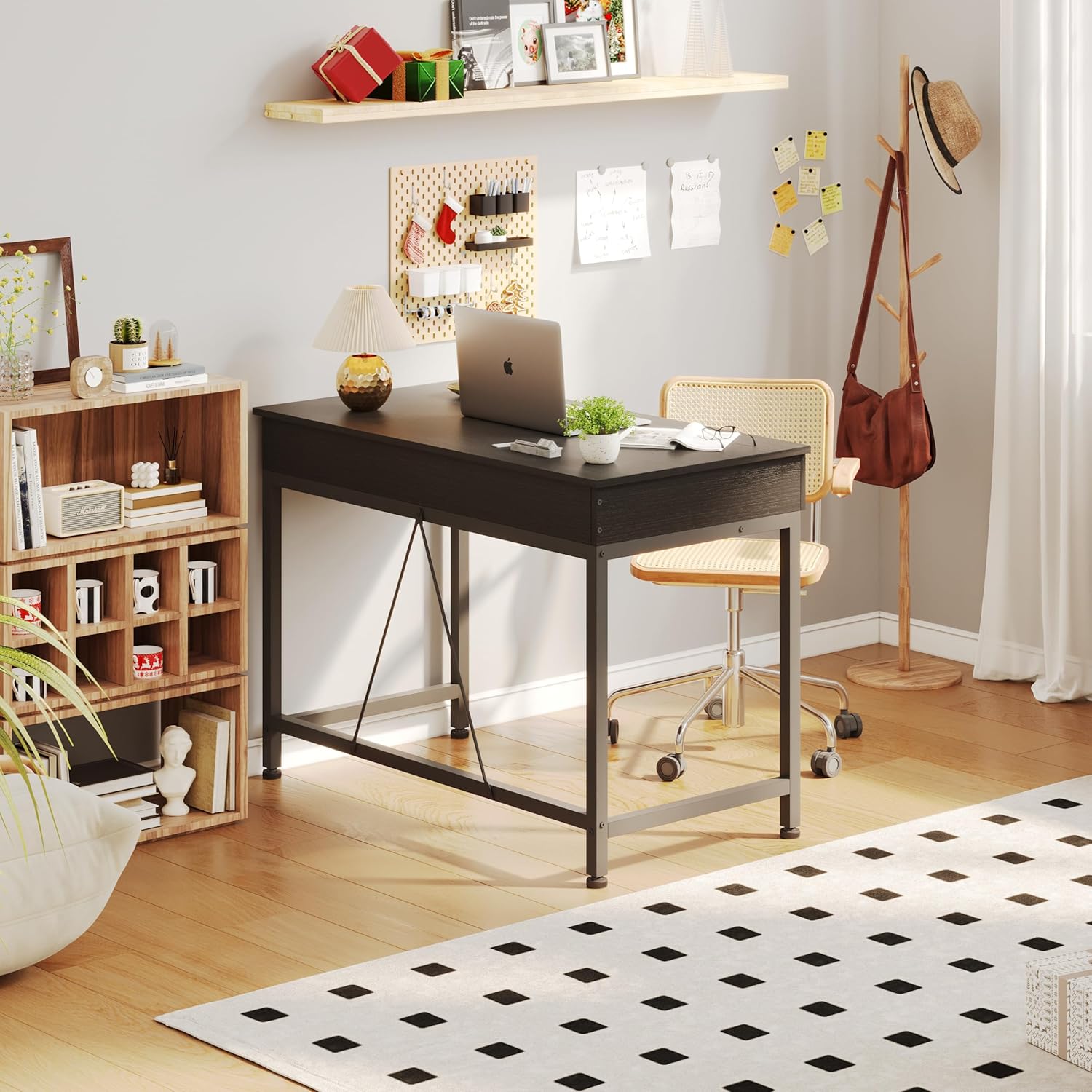 Mexin Small Black Desk with 2 Wooden Drawers, 40 Inch Home Office Writing Desk, Black Vanity Desk with Storage, Computer Desk for Bedroom Small Spaces, Table for Office, Work, Kids Study, Makeup