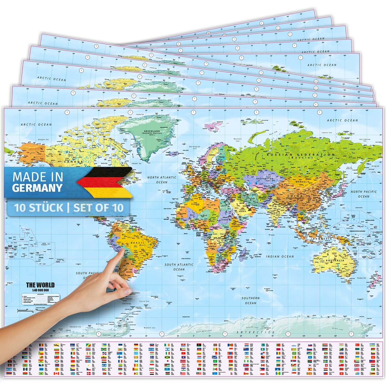 GOODS+GADGETS® Mapa Mundi XXL con Banderas 140x100 cm - Pack 10 | Póster gigante del mundo con países y banderas – impresión nítida, escala 1:40.000.000, fabricado en Alemania