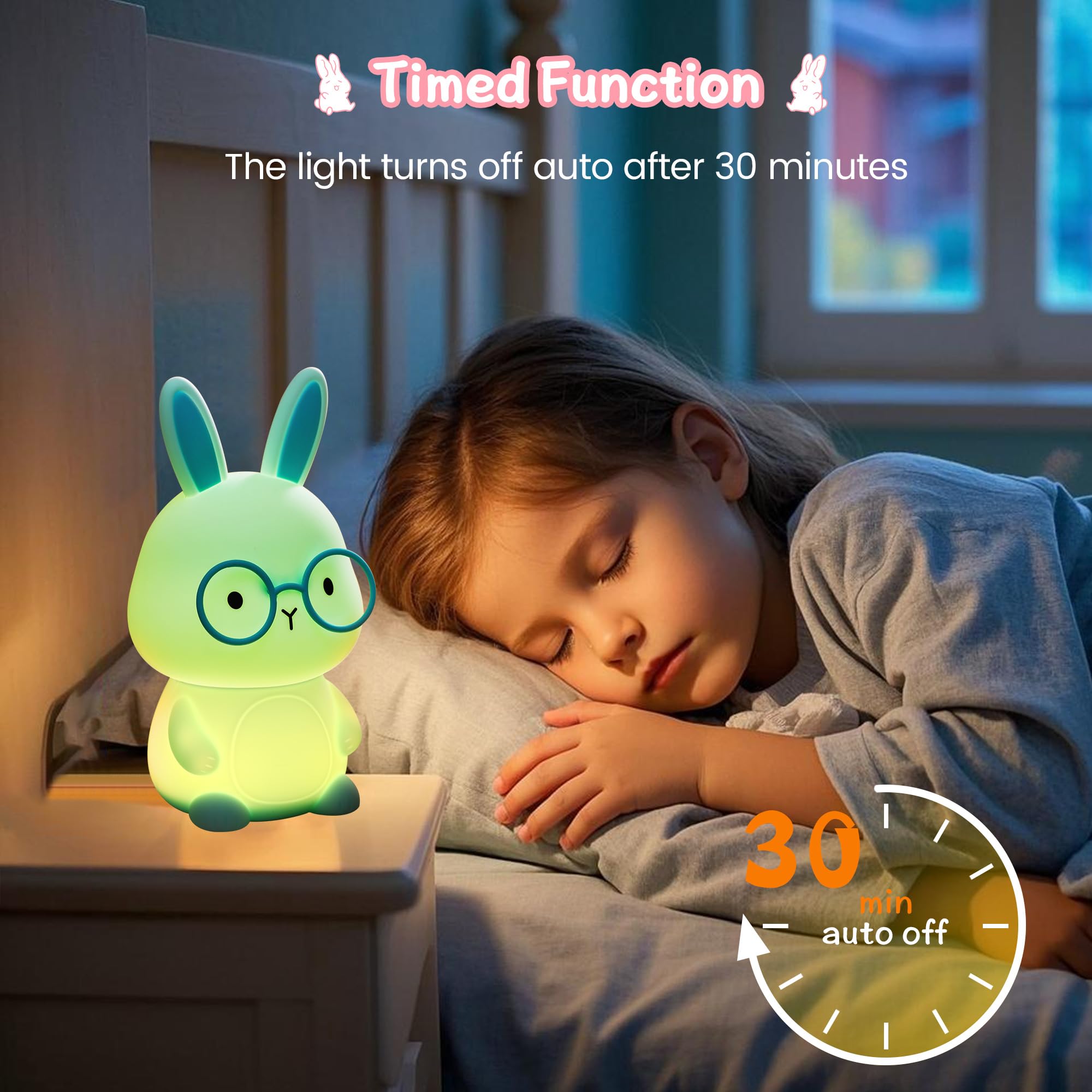 FAMIDUO Lucina Notte Bambini Coniglio, Lampada per Bambini Notturna da Comodino LED Ricaricabile in Silicone, Cambio Colore al Tocco, Dimmerabile a 3 Livelli/Timer, Regalo per Neonati