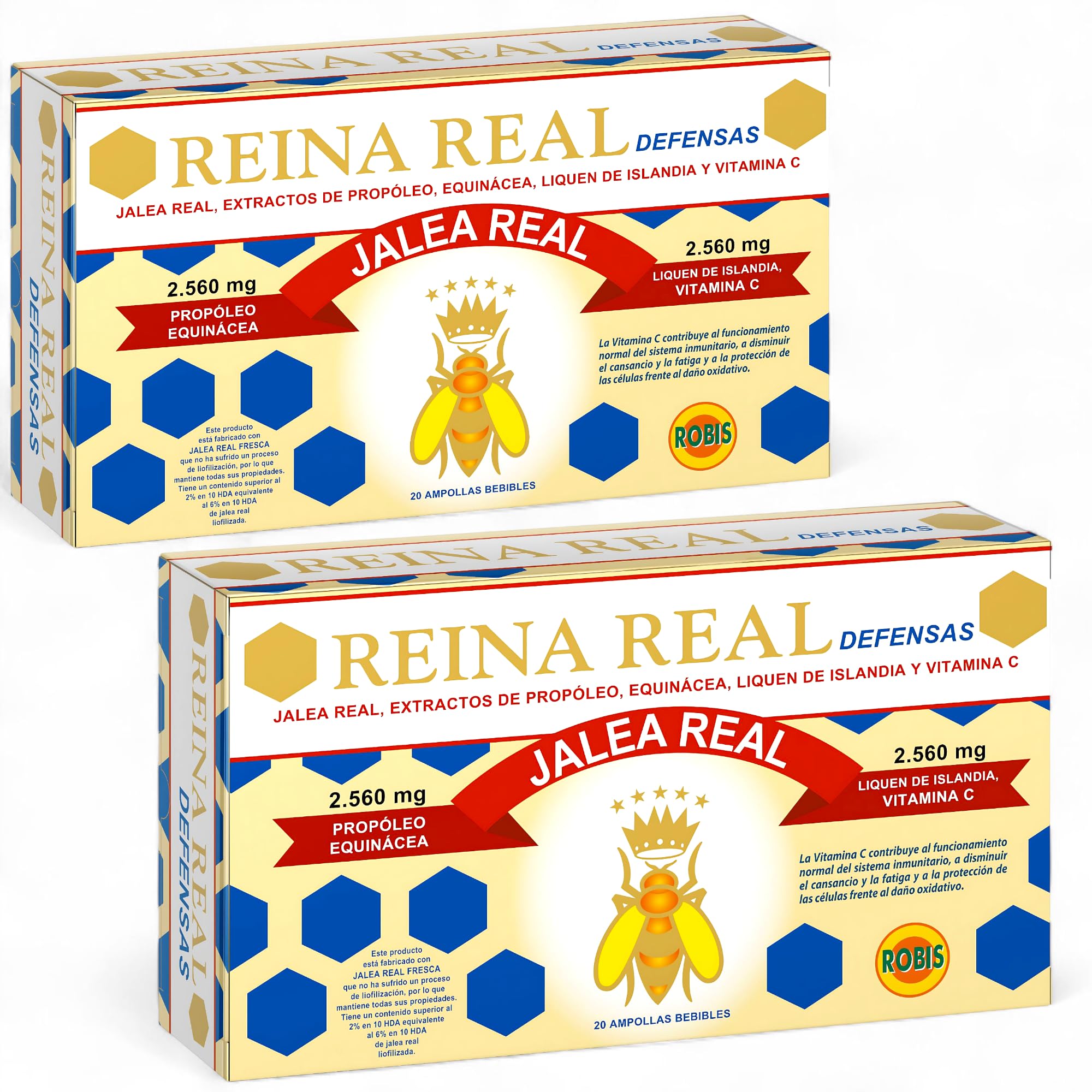 Robis Reina Real Defensas Jalea Real - Pack Ahorro 2 x 20 Ampollas - Complemento Alimenticio con Jalea Real, Propóleo, Equinácea y Vitamina C - Para Reforzar el Sistema Inmunitario y Recuperar Energía