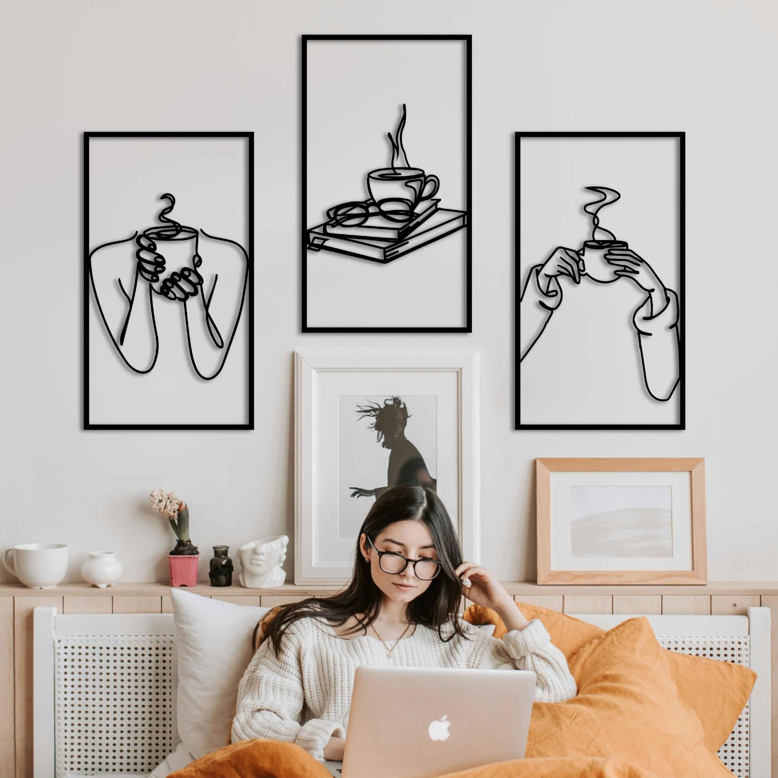 Minimalist Coffee and Book Lover Metal Line Art Decor, Decorative Set of 3 Metal Wall Art, Minimalist Line Art Metal Wall Decor, Book and Coffee Lover Gift (Small - 35.5cm x 61cm (H x W))