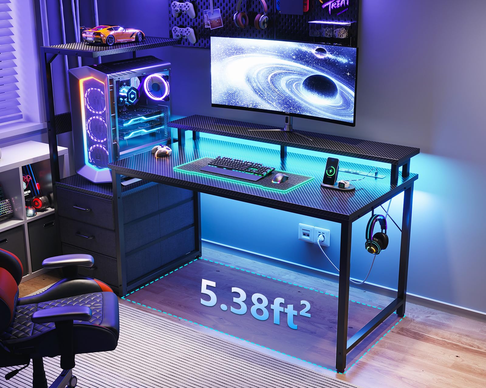 AODK 59 Inch Gaming Desk with USB Charging Ports & LED Light- Reversible Computer Desk with Storage Shelves & Monitor Stand, Modern Gamer Desk Table with Fabric Drawers & Side Hook, Carbon Fiber Pink