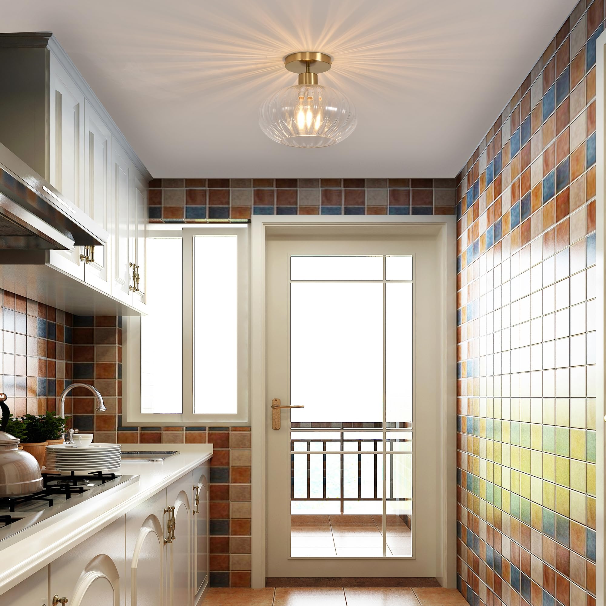 Sea Shell Verlichtingsarmaturen Plafondmontage Goud Boho Kust Semi Inbouw Kroonluchters Grote Mat Helder Glas Laag Profiel Plafondlamp voor Woonkamer Slaapkamer Eetkamer Keuken, met Lamp HGCHH