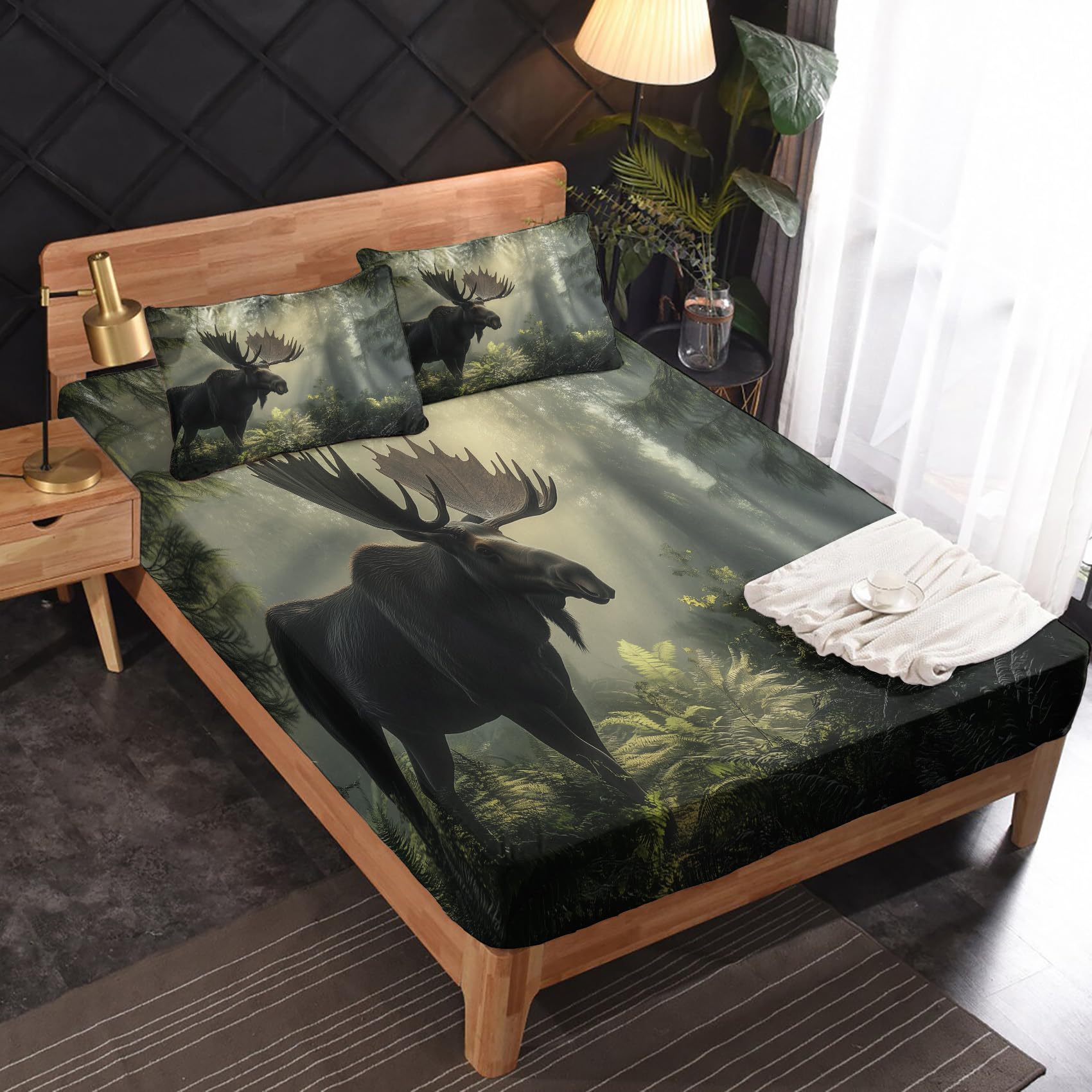 Zvynqour Elk Sheets Queen Size - Wild Animal Bed Sheets - Deep Pocket Fitted Sheets & Flat Sheets & Pillowcases 4 Piece Set - Forest Wildlife Bedding & Decor - Soft Cosy Microfibe