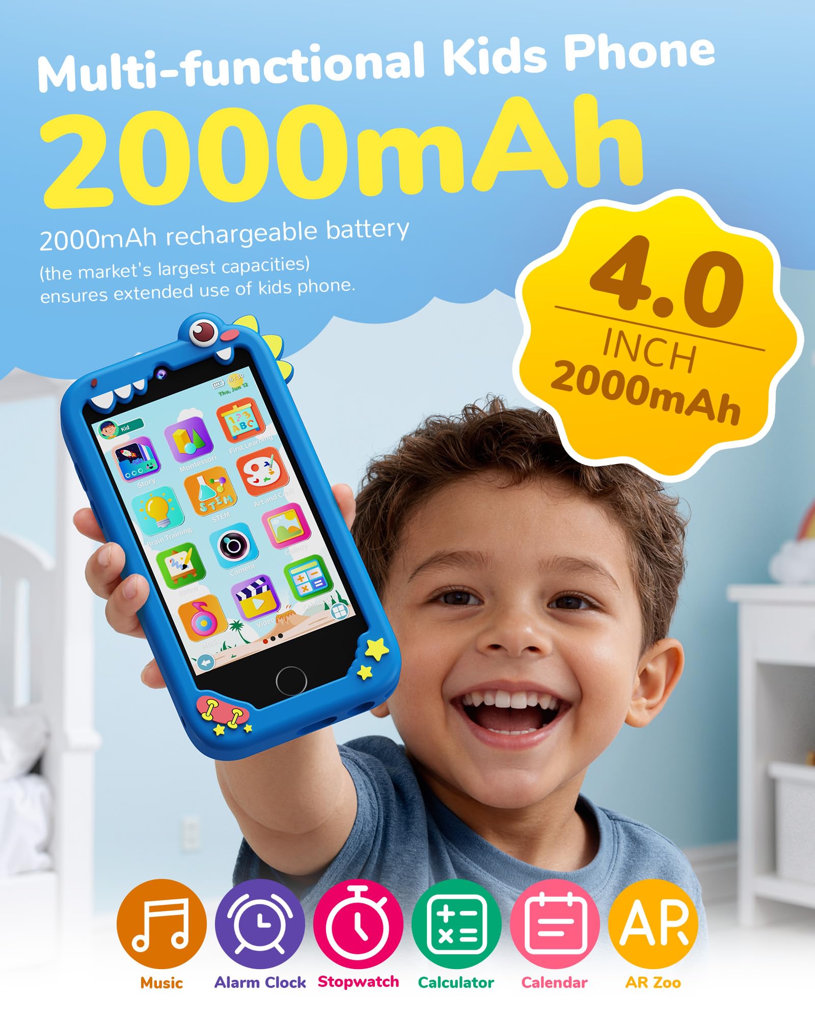 UCIDCI Smartphone Giocattolo Telefono per Bambini e Bambine, Cellulare con Doppia Macchina Fotografica Bambini, Giochi Educativi MP3, Regalo Bambina 3-8 Anni, Compleanno Pasqua (Blu, Schermo 4 poll.)