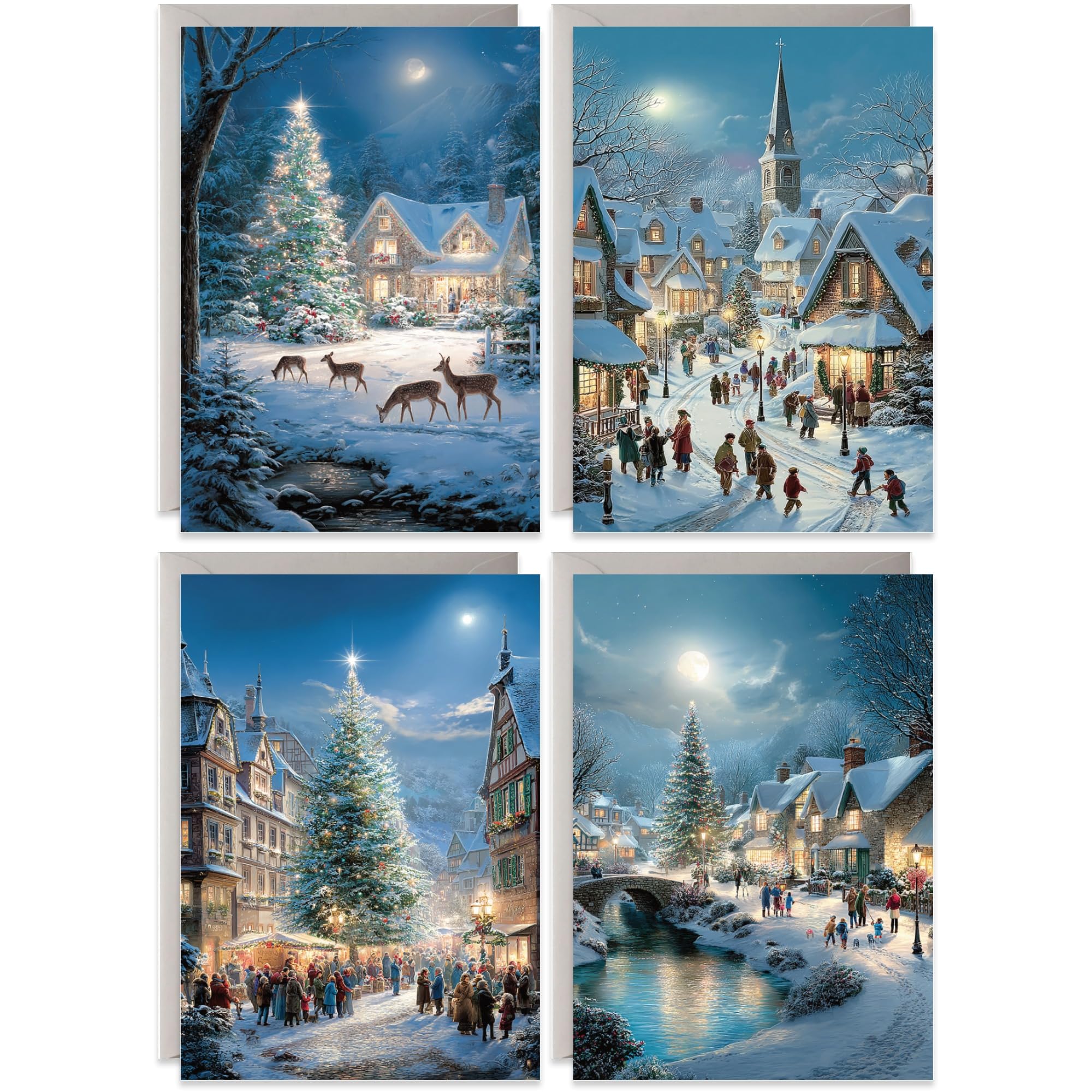 Set of 20 Christmas Cards Multipack, Blank Inside with Envelopes, Traditional Painted Festive Winter Scene, For Family Friends Loved Ones 'Merry Christmas', Multi-pack Bulk Set