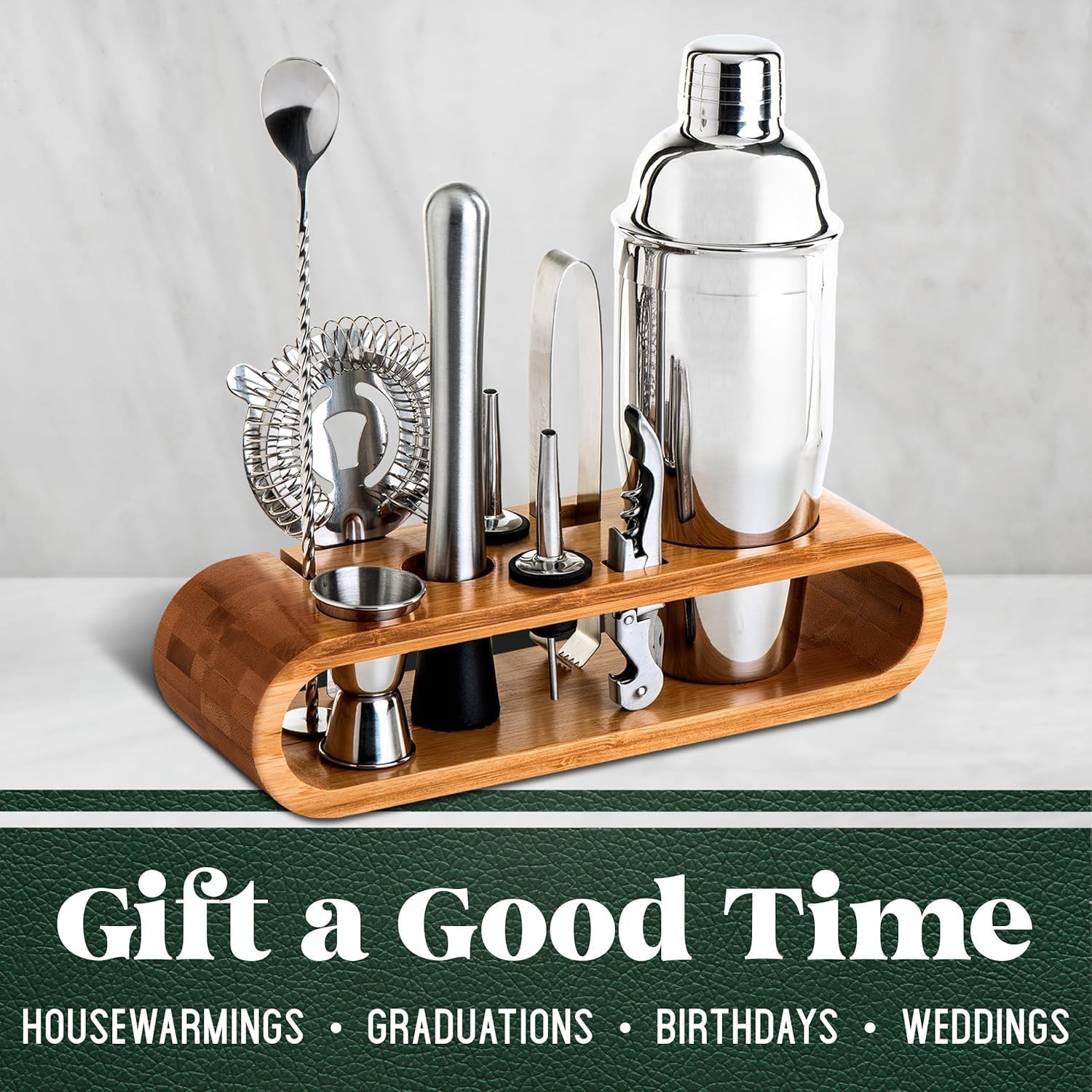 Cocktail Set Cocktail Shaker Set: 10-Piece Bar Tool Set with Bamboo Stand | Perfect Home Bartending Kit and Martini Cocktail Shaker Set (Silver)