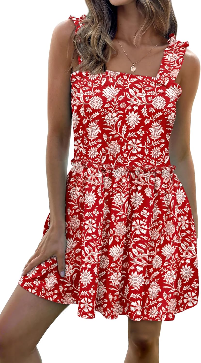 Women's Floral Summer Mini Dresses Ruffle Straps Boho Tiered Babydoll Tank Sundress Beach Vacation Short Dresses