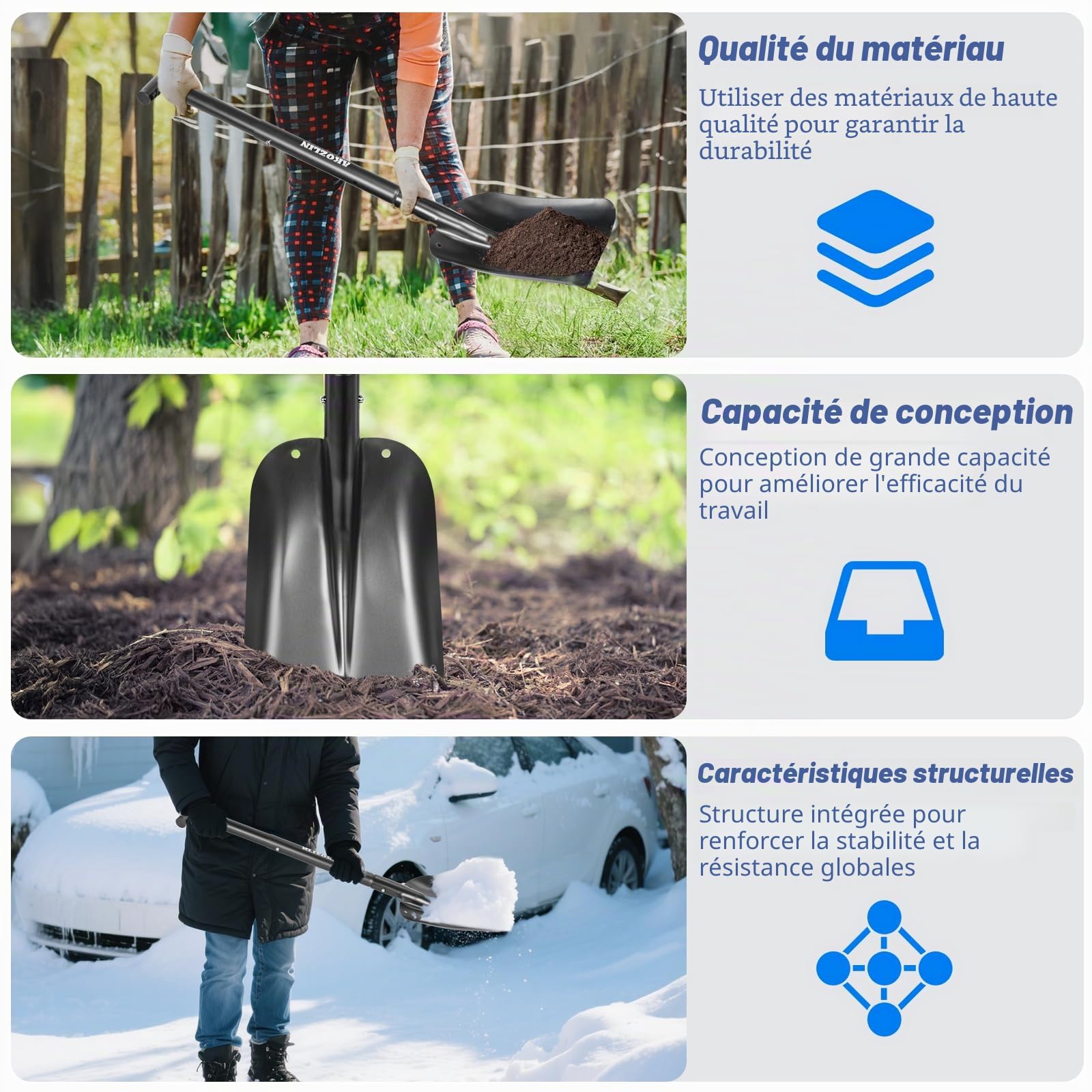 Pelle à neige télescopique d'urgence avec grattoir à glace et sac de transport pliable en aluminium de 53,8 à 82 cm, pelle d'urgence rétractable légère pour voiture, motoneige, jardin, camping