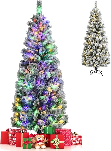 GOFLAME Árbol de Navidad artificial flocado de nieve de 7.5 pies, pino preiluminado con 9 modos de iluminación, 693 puntas de ramas de PVC y 300