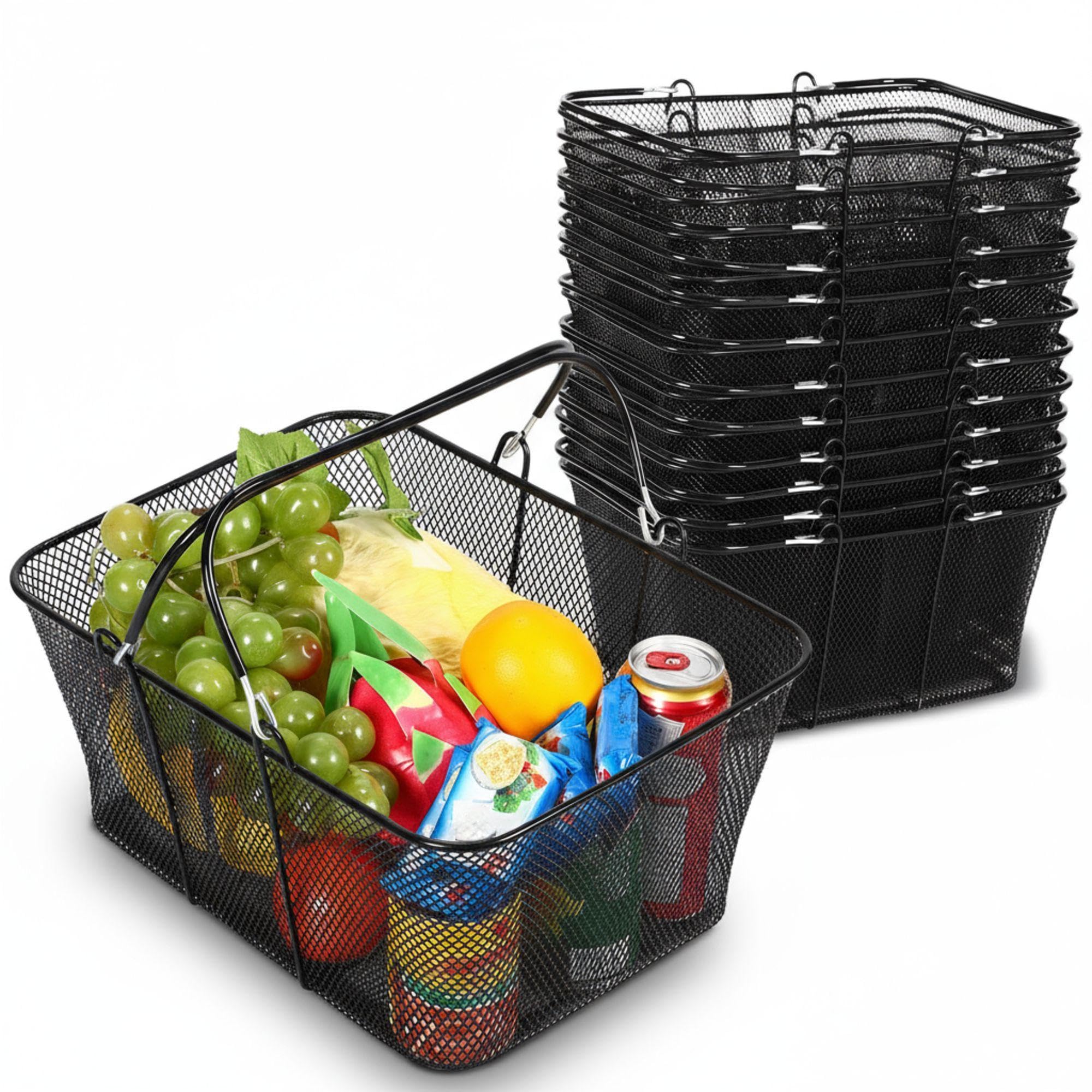 20 Pcs Shopping Baskets with Handles 22L Black Metal Wire Grocery Baskets Portable Mesh Shop Carts Bulk for Supermarket Retail Store Supplies, 15.8 x 11.8 x 7.5 Inch