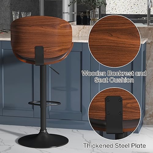 Miniatura 7 de KCC Juego de 2 taburetes de bar giratorios de altura ajustable, sillas de bar tapizadas de piel sintética con reposapiés, taburete de bar de madera