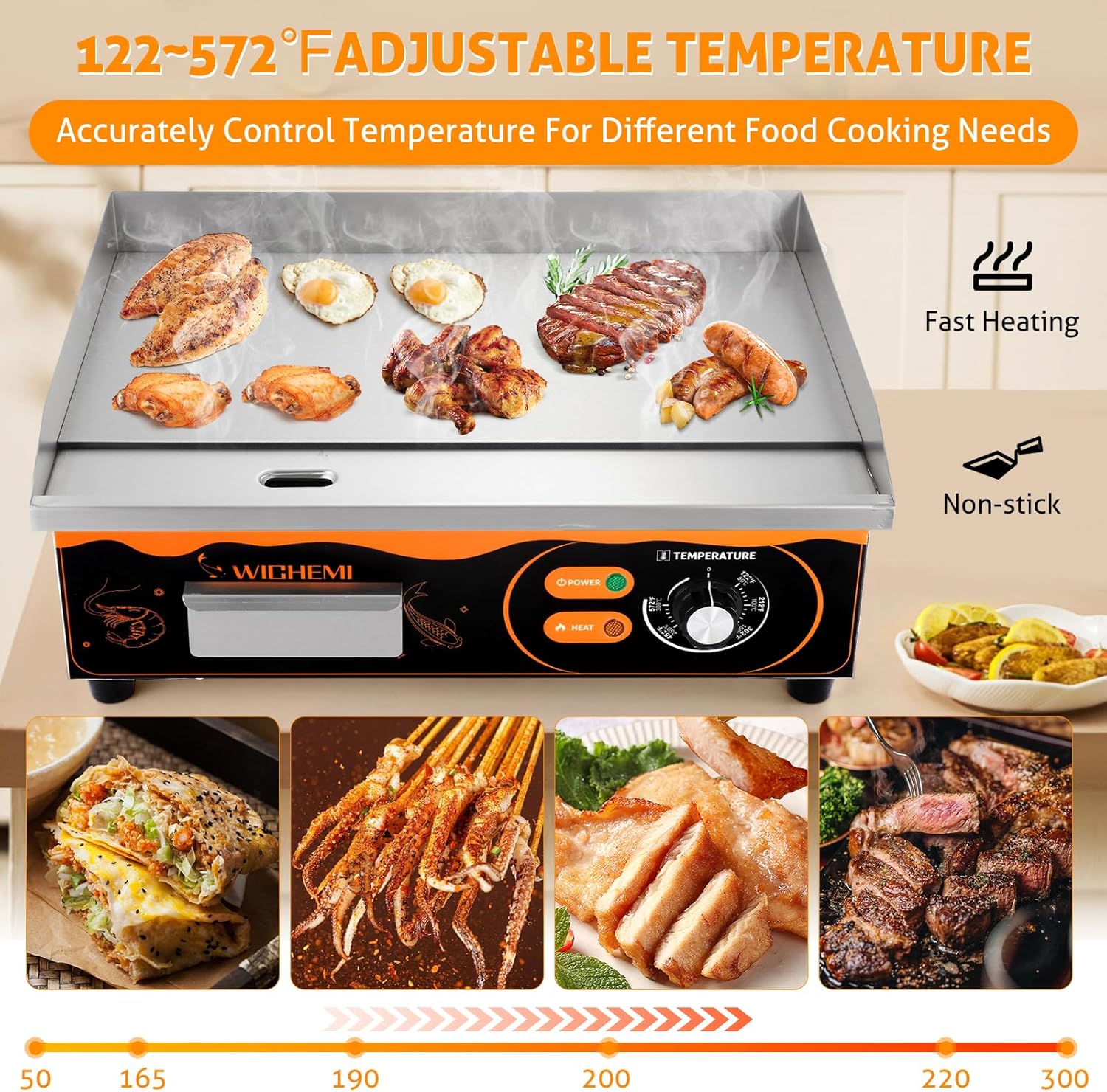 WICHEMI 22" Electric Grill Commercial Countertop Griddle Flat Top Grill Hot Plate Non-Stick Stainless Steel Teppanyaki Grill for Restaurant Kitchen, 110V 3000W