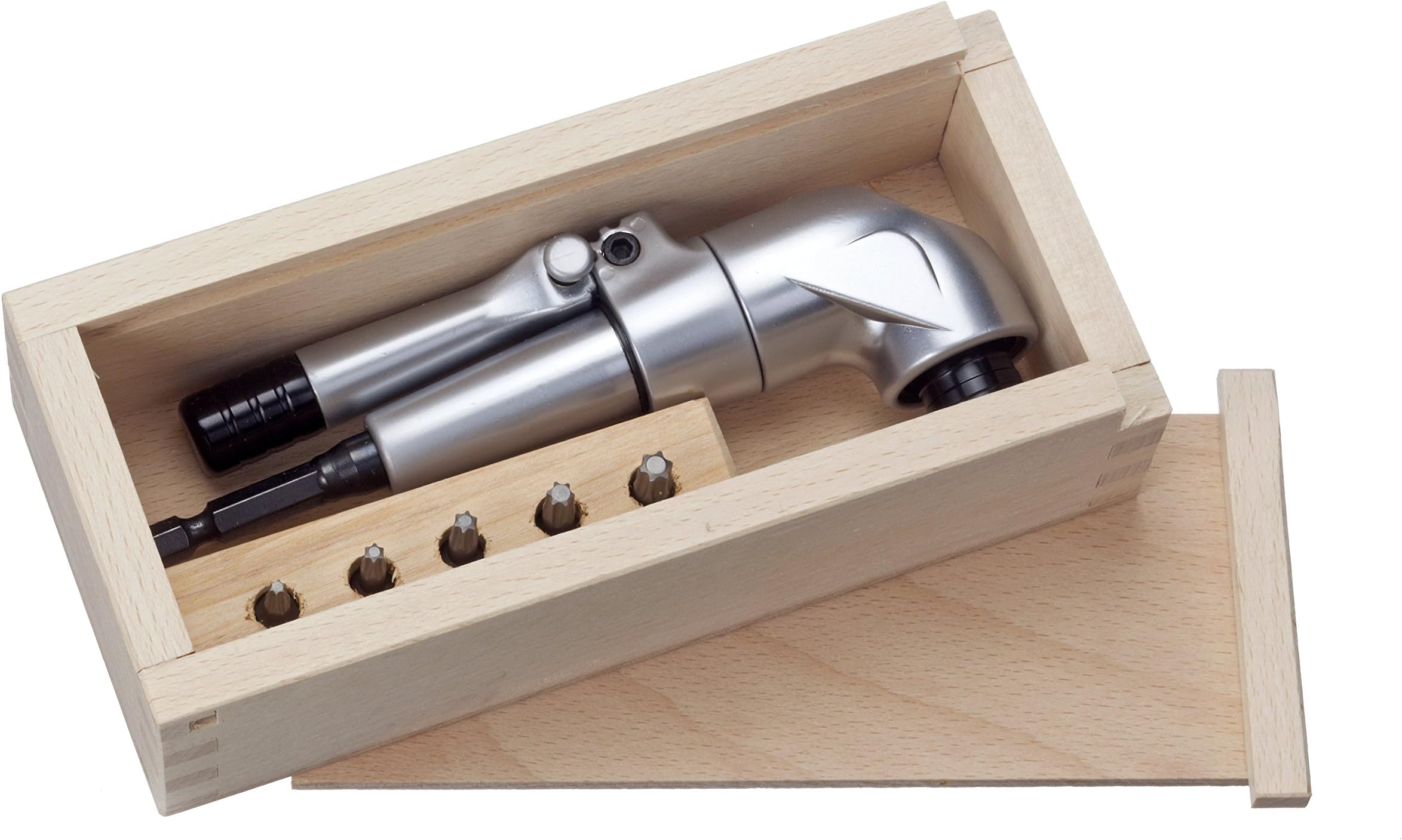 ASW 2505 Angular Gear Set E6.3 for Cordless Drill in Wooden Box, 0 V, Silver/Black/Brown, Set of 6 Piece