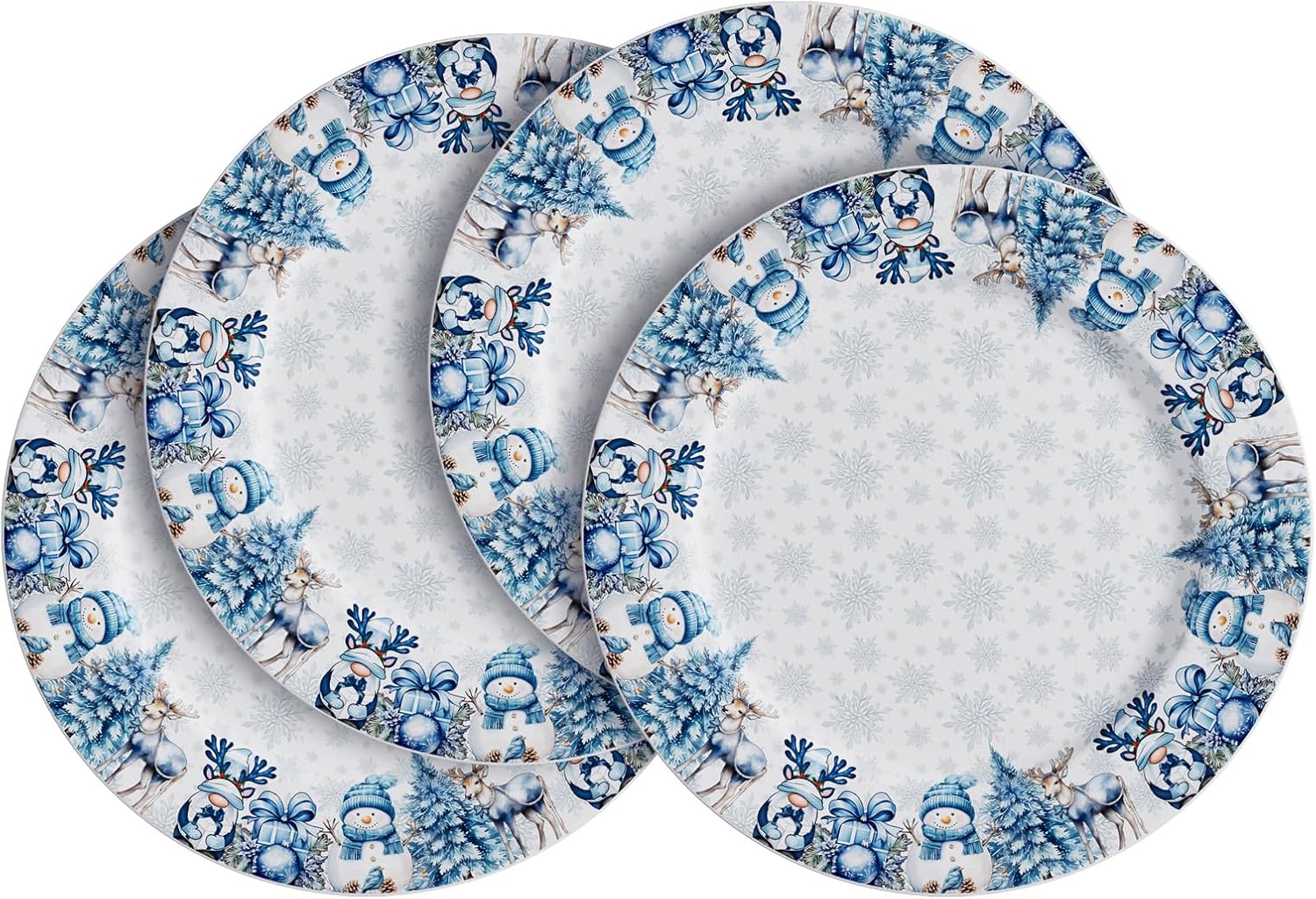 VJF Christmas Ceramic Dinner Plates 10.5 Inch Set of 4 Round Xmas snowflake Gnome Snowman Holiday Stackable Porcelain Plates Microwave & Dishwasher Safe for Holiday Party Family Feast Winter Decor