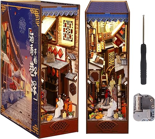 SPILAY Kit de montaje de rincón de libros en miniatura para casa de muñecas rompecabezas de madera 3D con luz de sensor kit de creatividad para