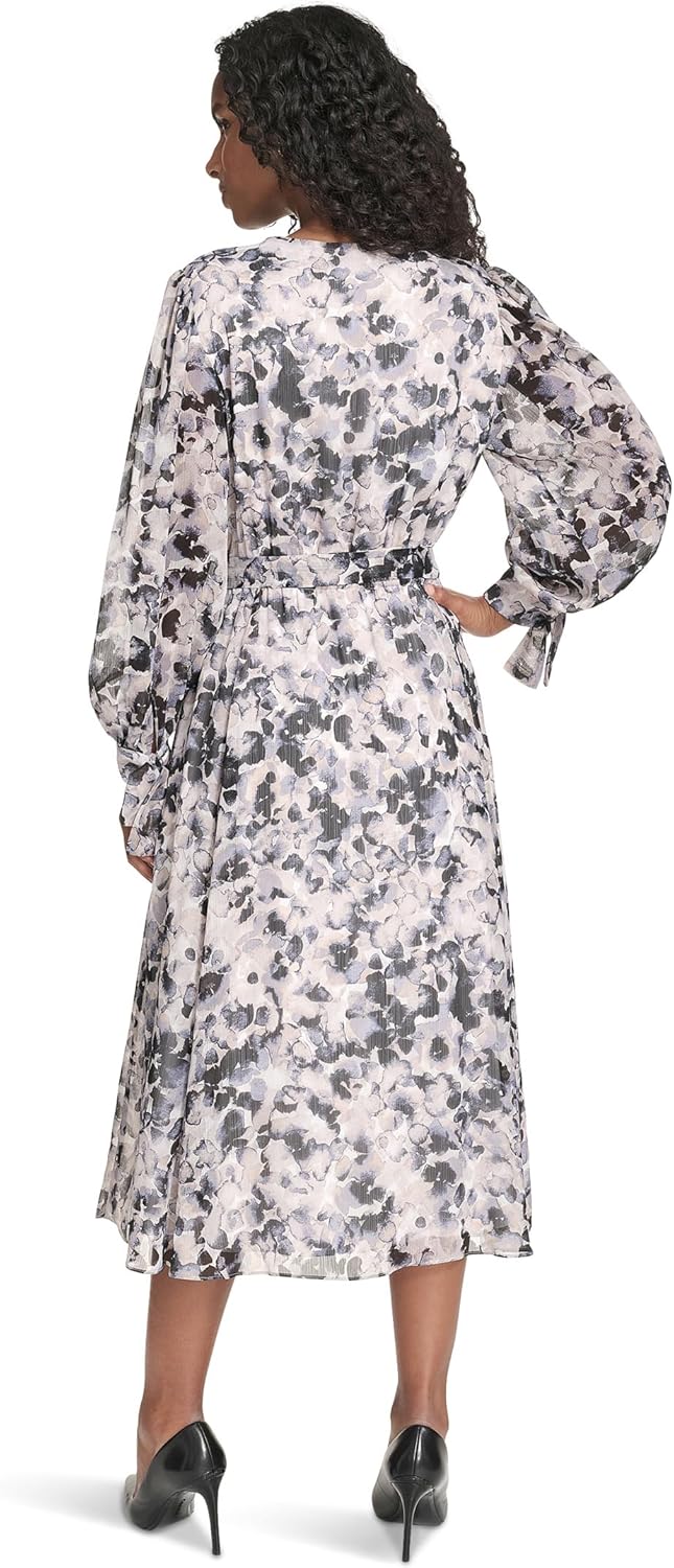 Calvin Klein Womens Long Balloon Sleeve V-Neck Chiffon Fit & Flare Midi Dress - Image 3