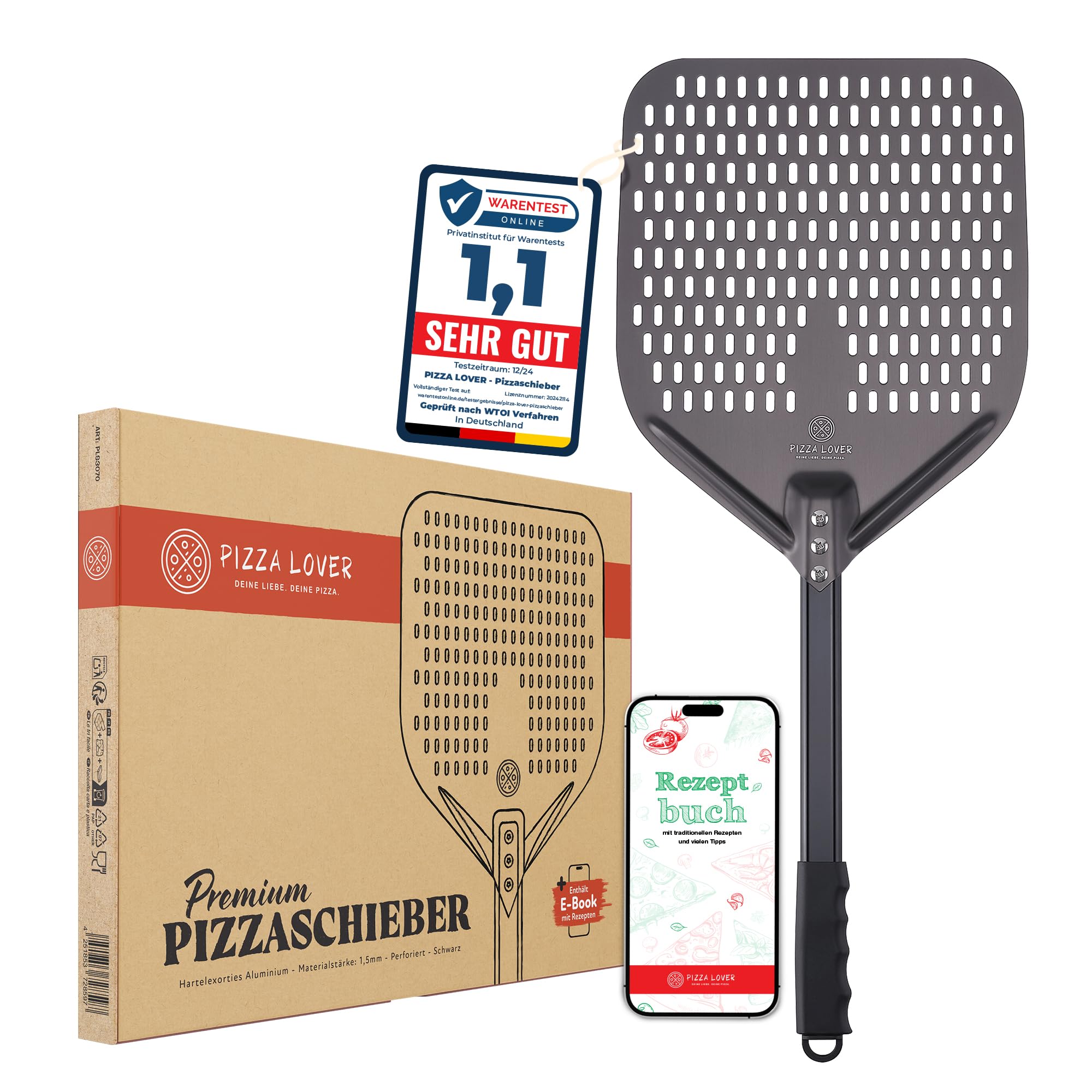 Pizzaschieber Set 2-teilig - Aluminium, Perforiert, Mit Holzgriffen (30cm Rechteckig + 15cm Rund)