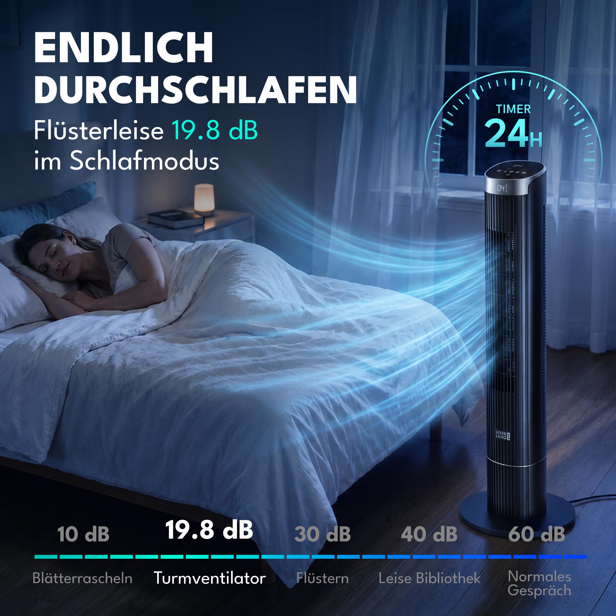 LEBENLANG Turmventilator Sehr Leise 19,8 dB(A) - 4 Modi & 90° Oszillation | Ventilator Leise Schlafzimmer Ventilator mit Kühlung Standventilator Ventilatoren Air Cooler Tower Fan I 12 Geschwindigkeiten