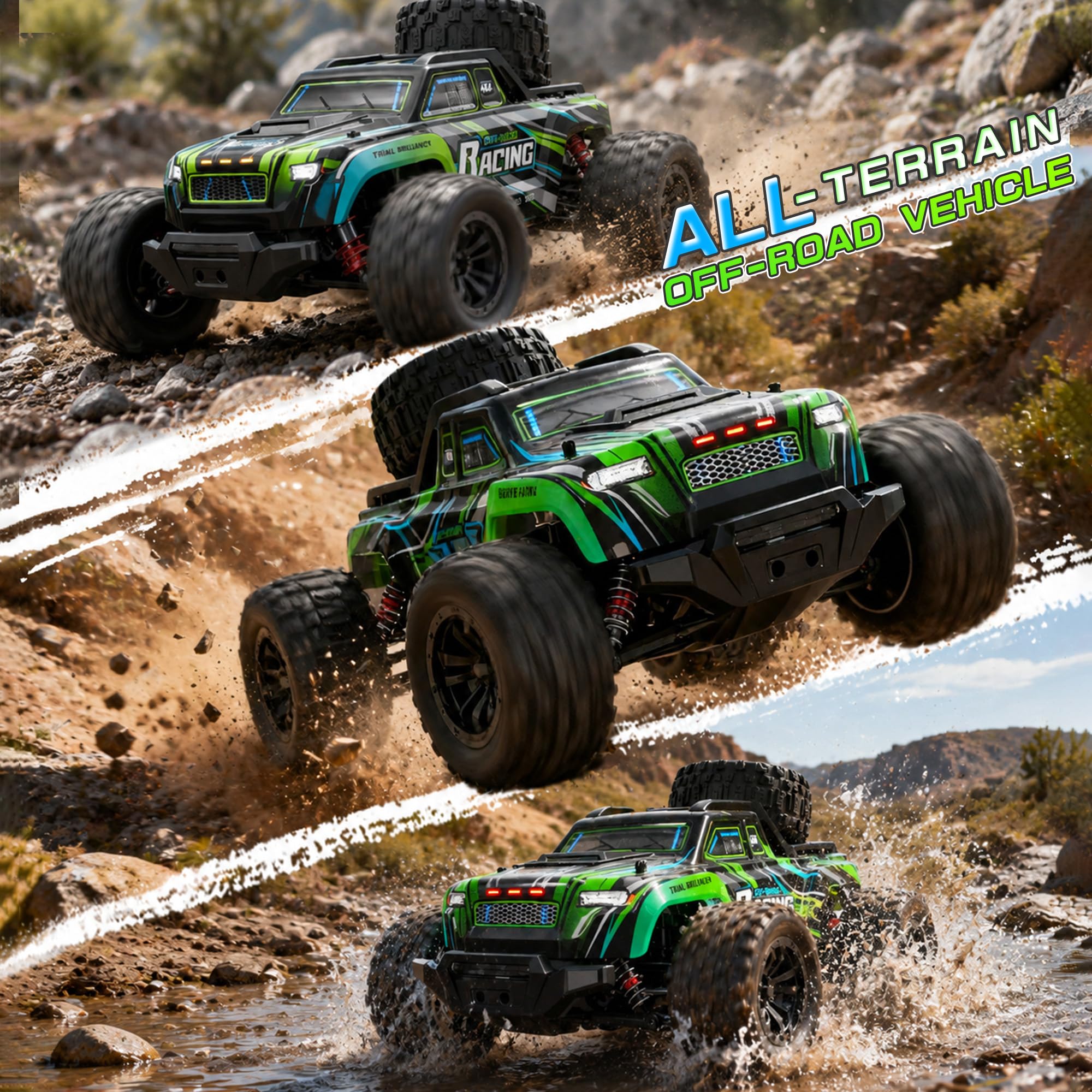 Ferngesteuertes Auto 1:16 4WD RC Auto 40 km/h Offroad Mit LED | Offroad-RC-Truck 2 Batterien 2.4GHz All-Terrain-Spielzeug Wiederaufladbar Fast Cars Für Kinder und Erwachsene - Schwarz