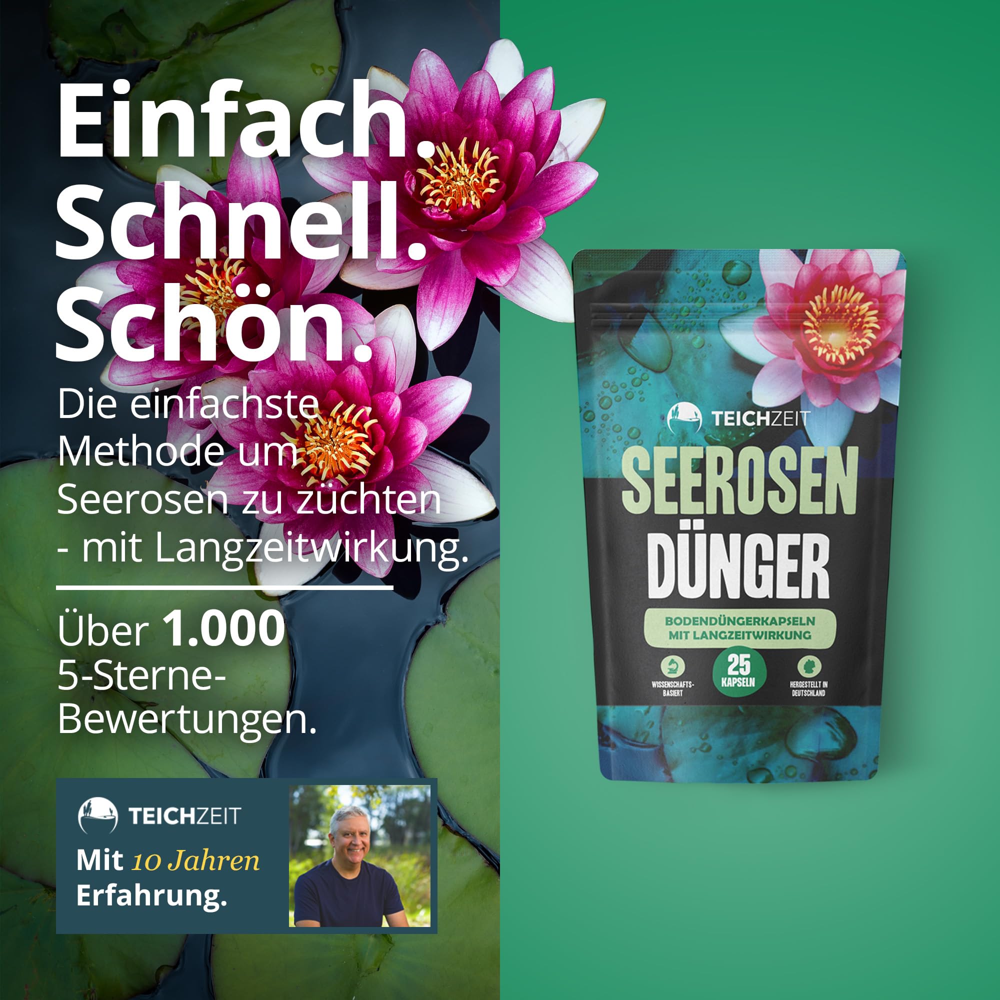 NatureHolic Seerosen Dünger 3er Set - 3X 25 Langzeitdünger Kapseln mit 2-in-1 Wirkprinzip - Teichdünger für Seerosen & Zwergseerosen im Gartenteich & Miniteich - mit NPK und Spurennährstoffen